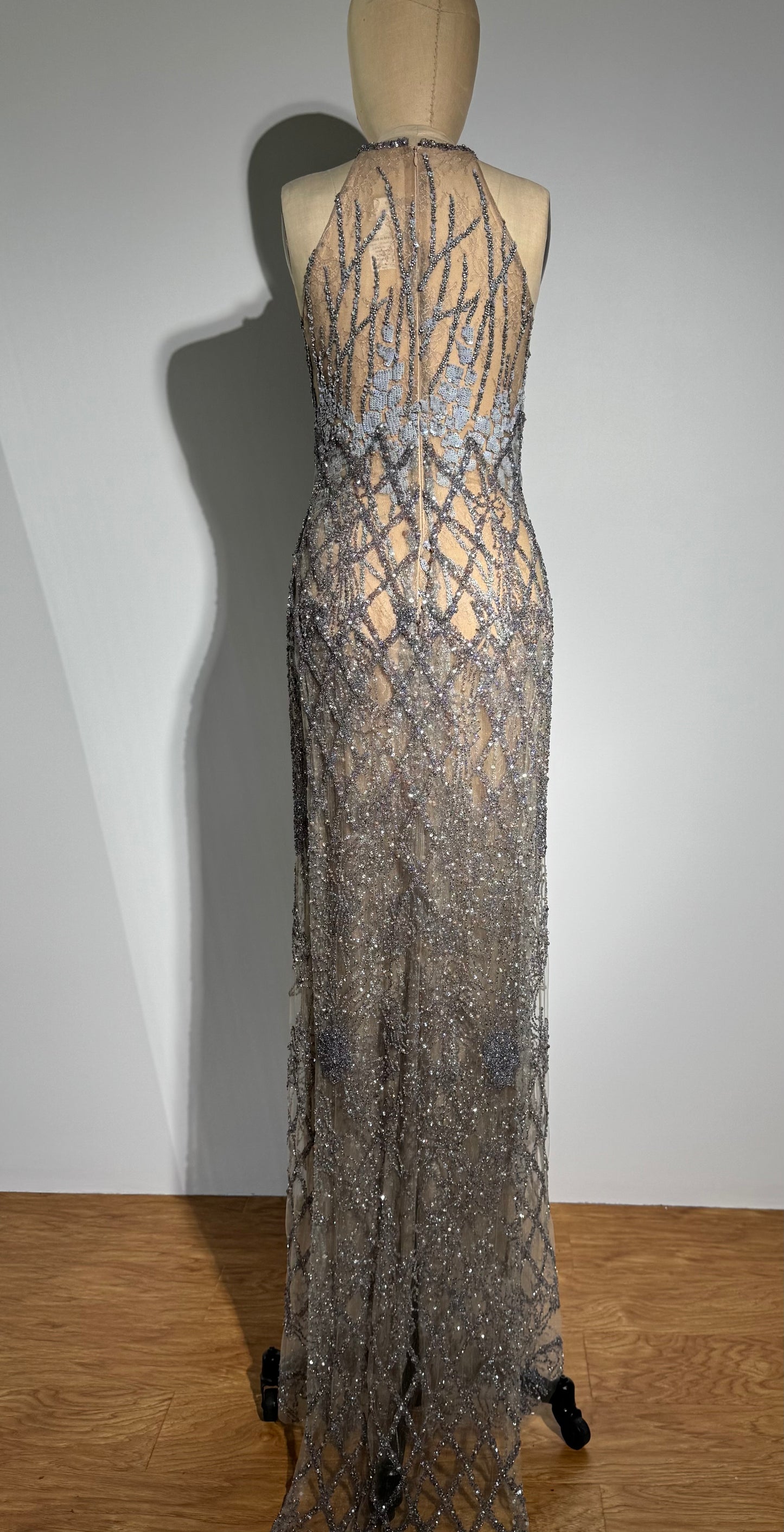 Yolan Kris Beaded Halter Gown - Nude / Blue