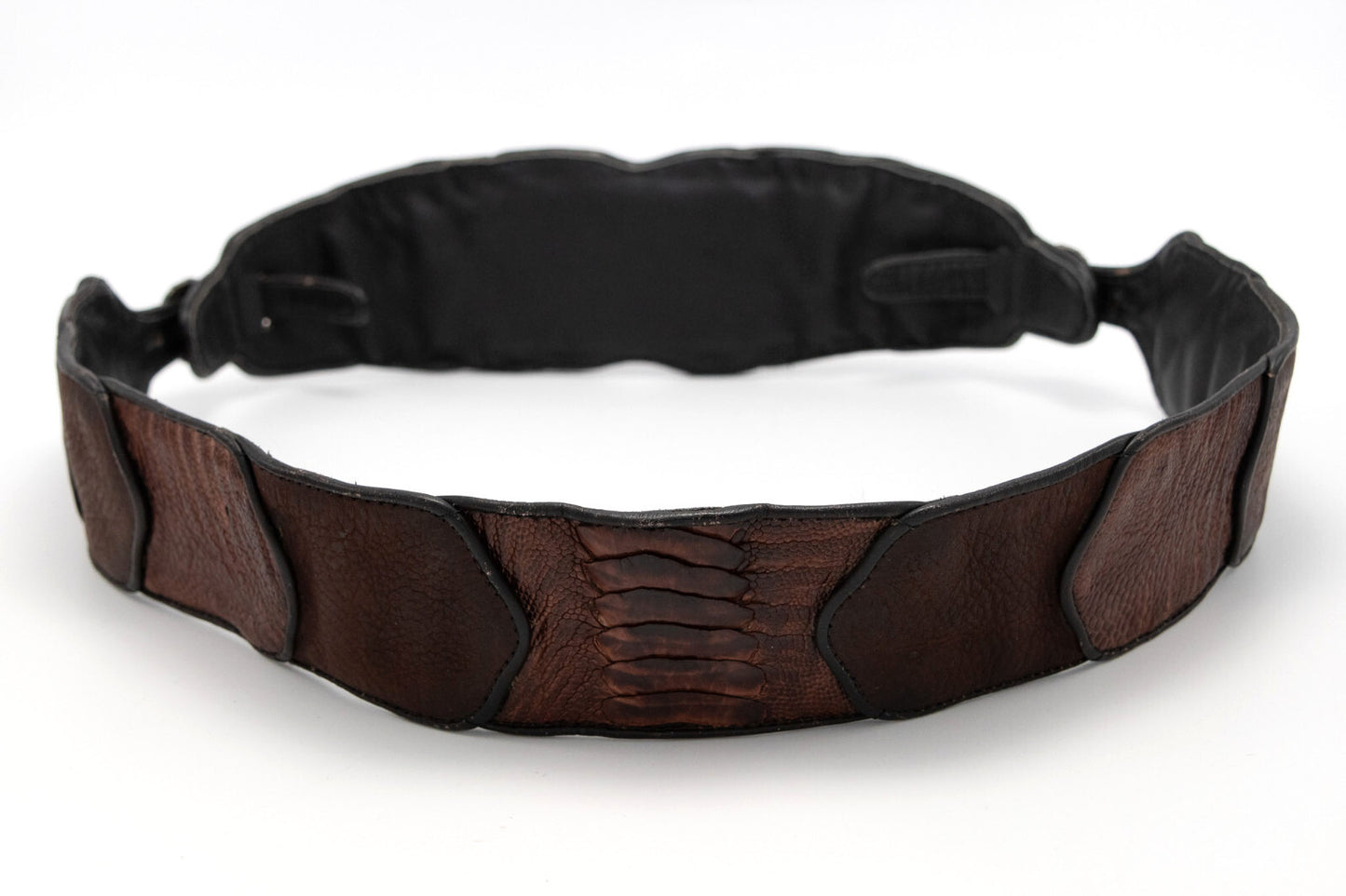 Rare Vintage Ostrich Leather Belt with Sterling Silver & Inlaid Stones - Brown