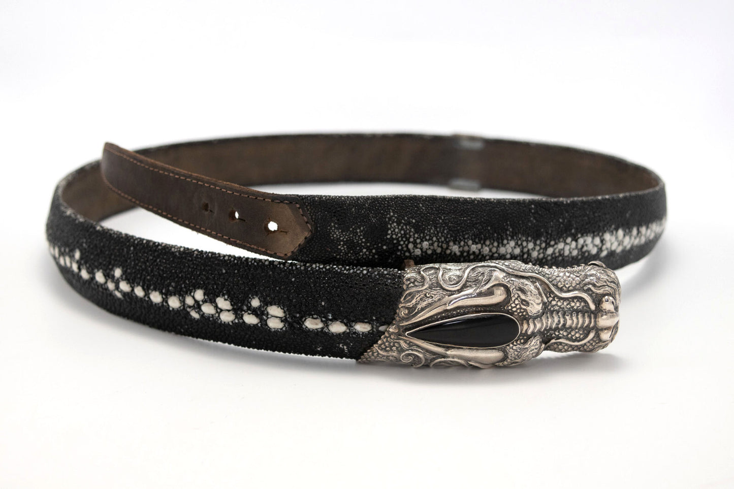 Rare Sterling Silver & Stone Eel Skin Belt – Black