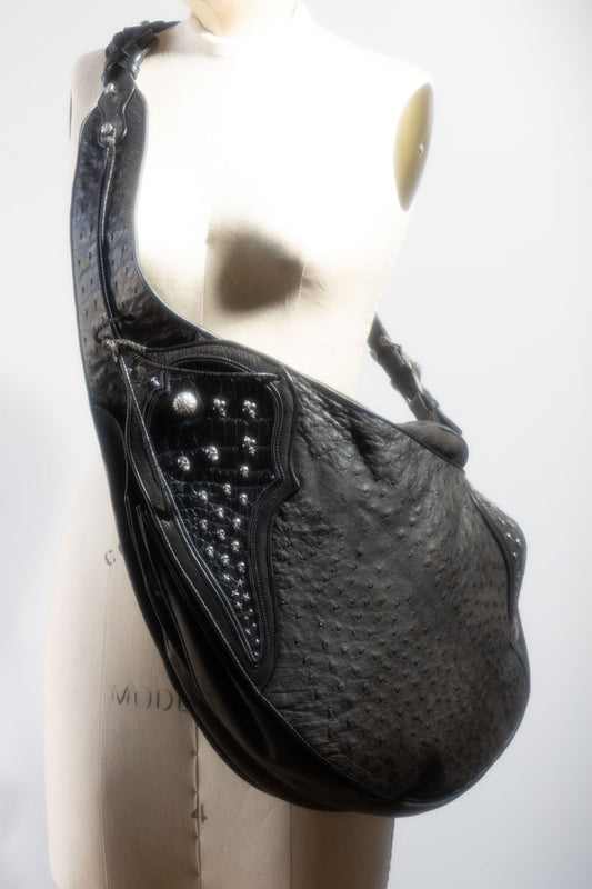 Les Habitudes Ostrich Shoulder Bag With Sterling Silver Accents - Black