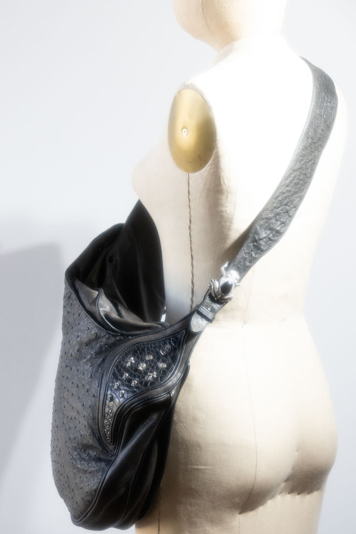 Les Habitudes Ostrich Shoulder Bag With Sterling Silver Accents - Black