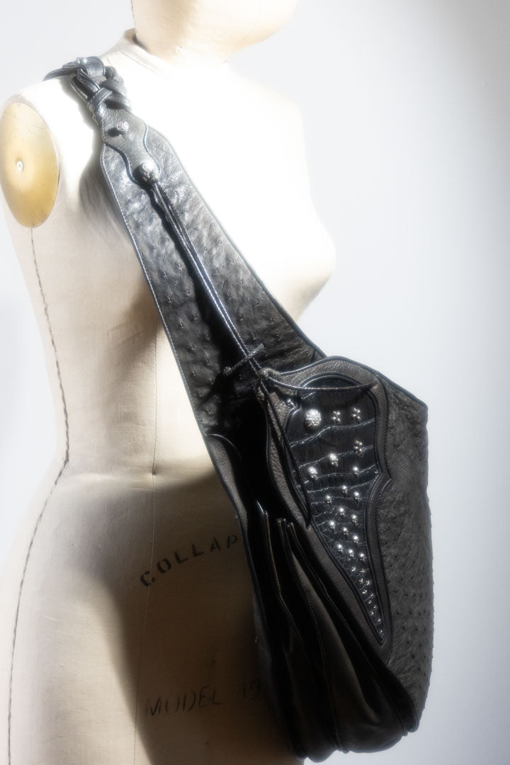 Les Habitudes Ostrich Shoulder Bag With Sterling Silver Accents - Black