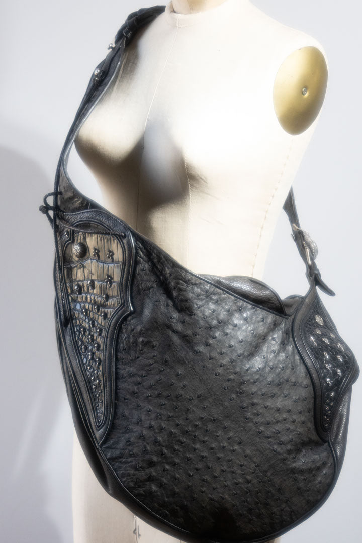 Les Habitudes Ostrich Shoulder Bag With Sterling Silver Accents - Black