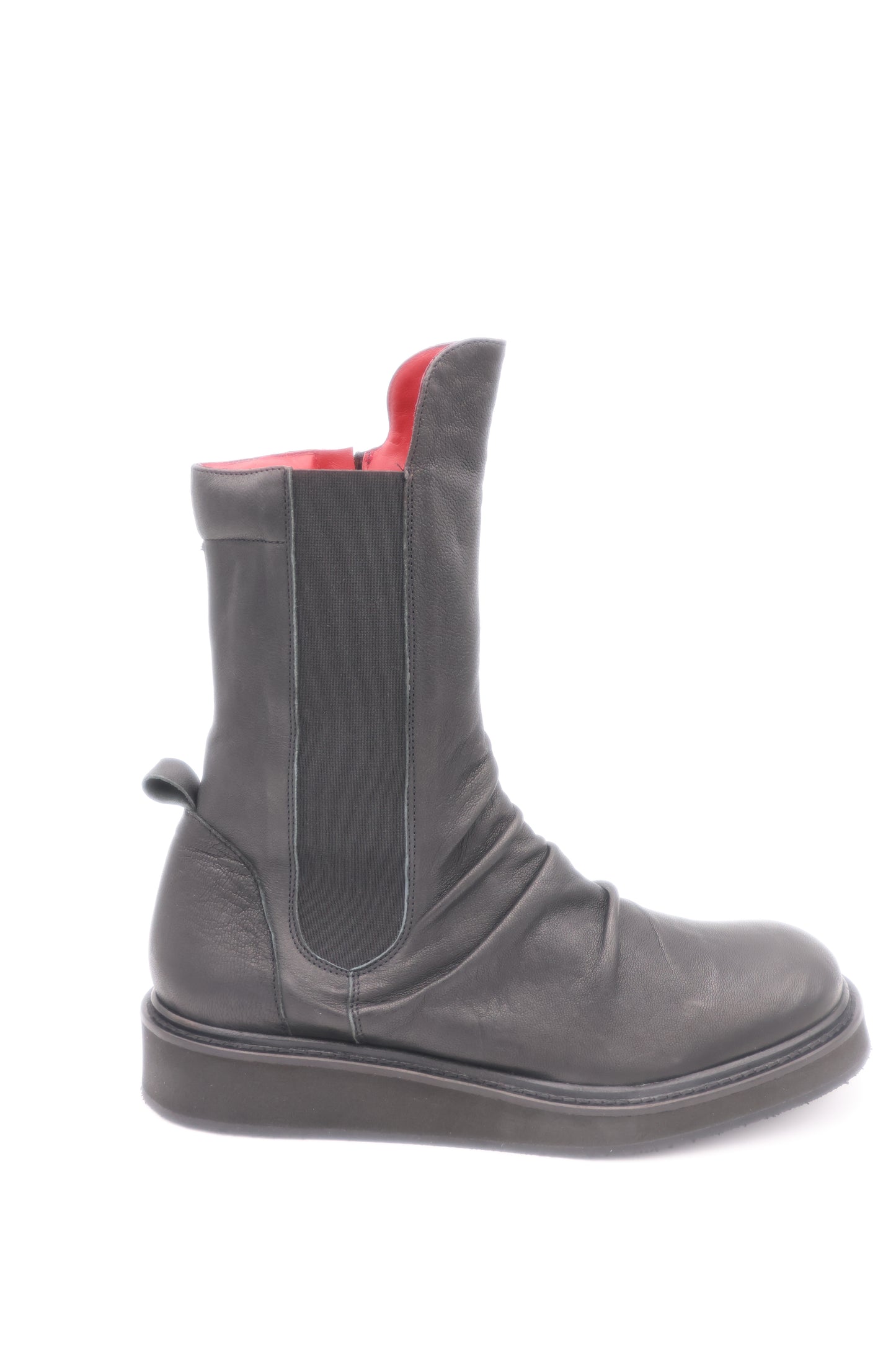 Gray ankle boot with red interior lining on a white background