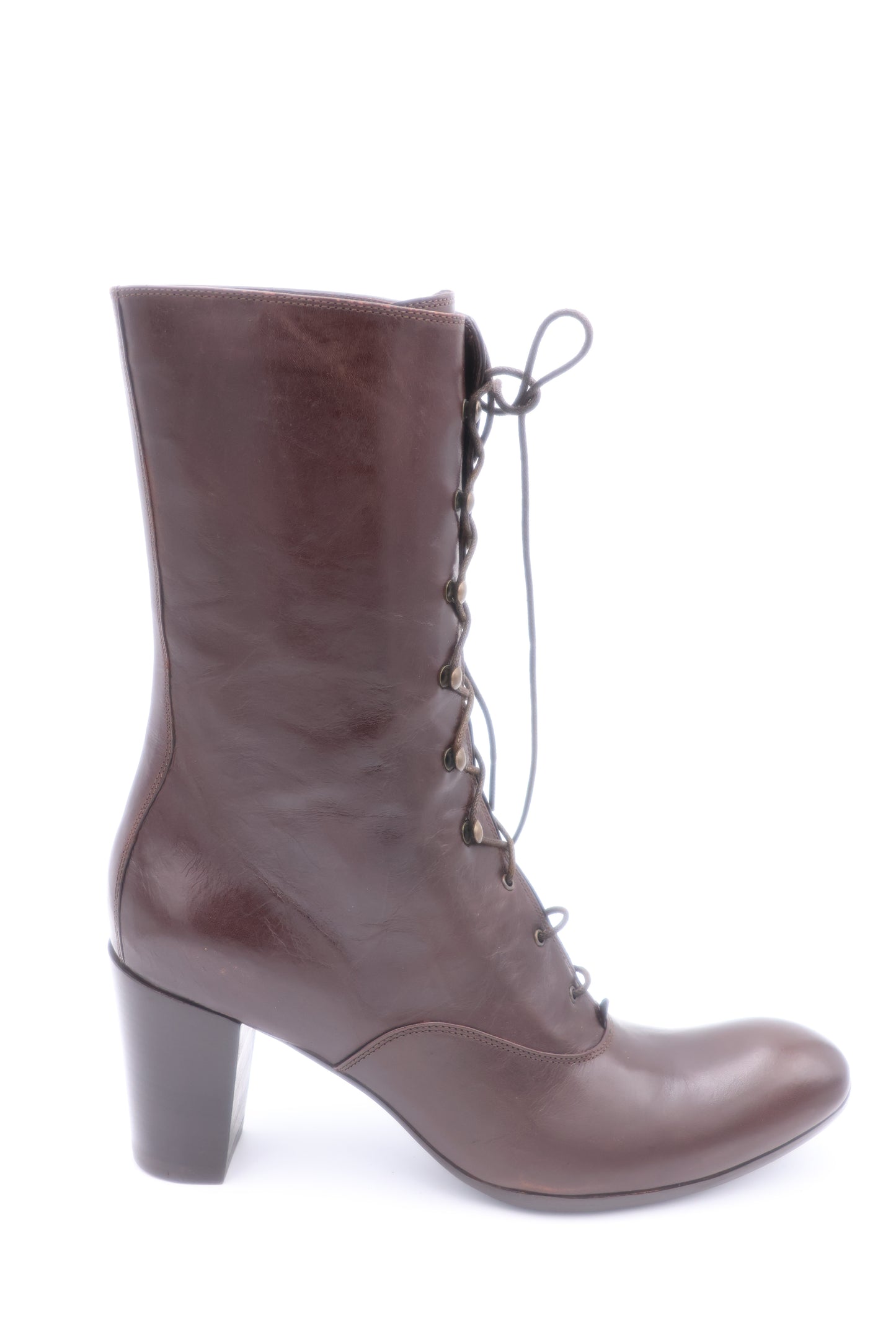 Brown leather boot with a lace-up design on a white background