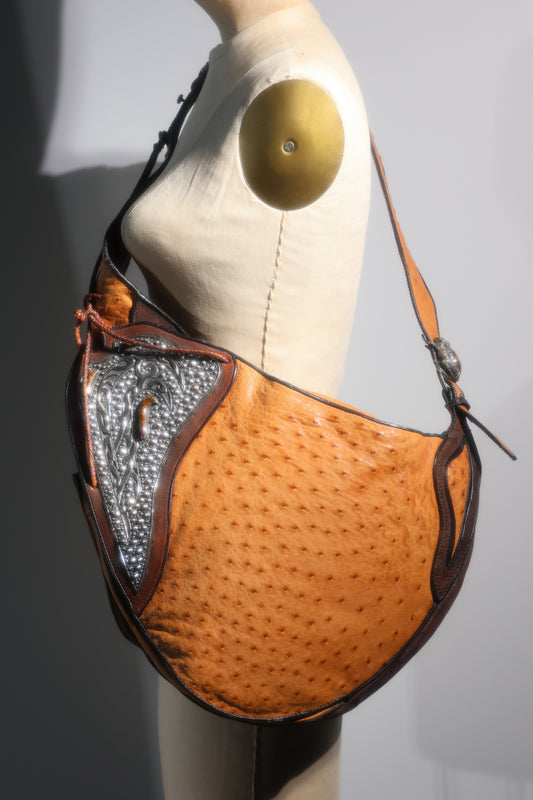 Les Habitudes Ostrich Shoulder Bag With Sterling Silver Accents - Cognac