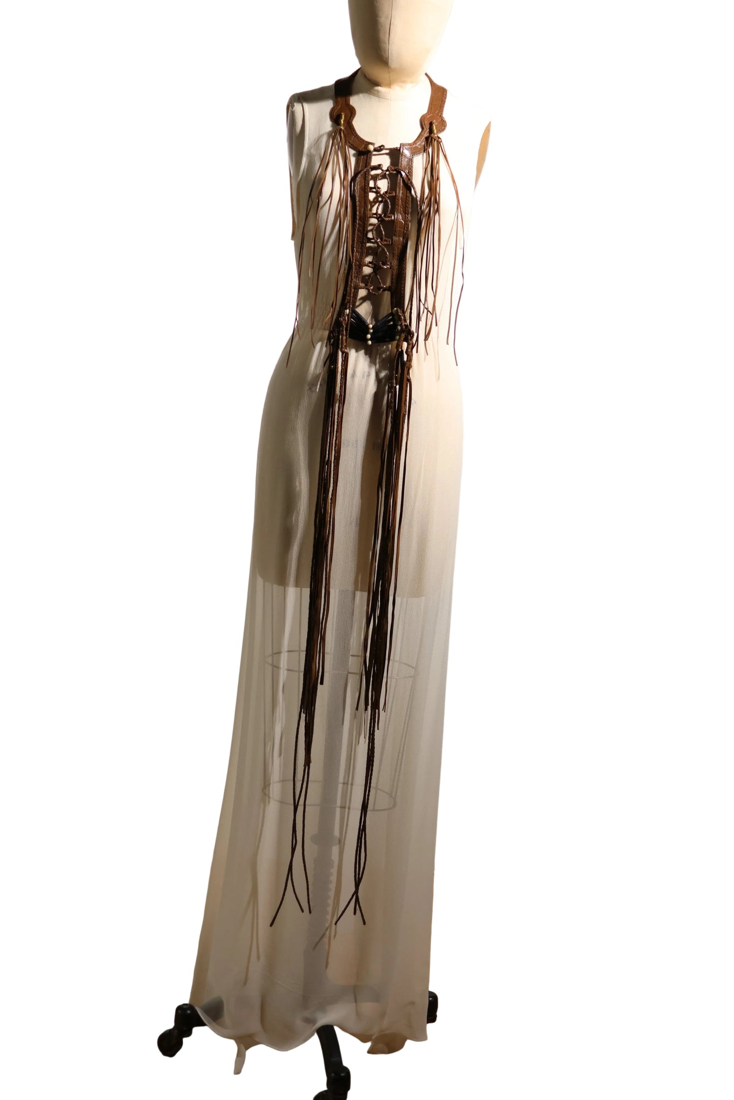Les Habitudes Leather Trim Dress In Chiffon - Ivy/Brown