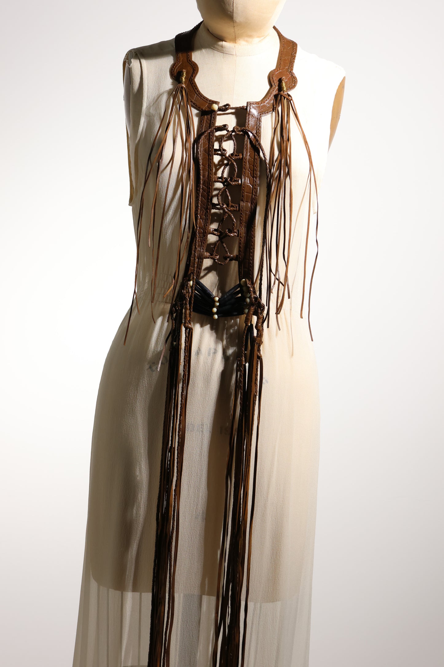 Les Habitudes Leather Trim Dress In Chiffon - Ivy/Brown