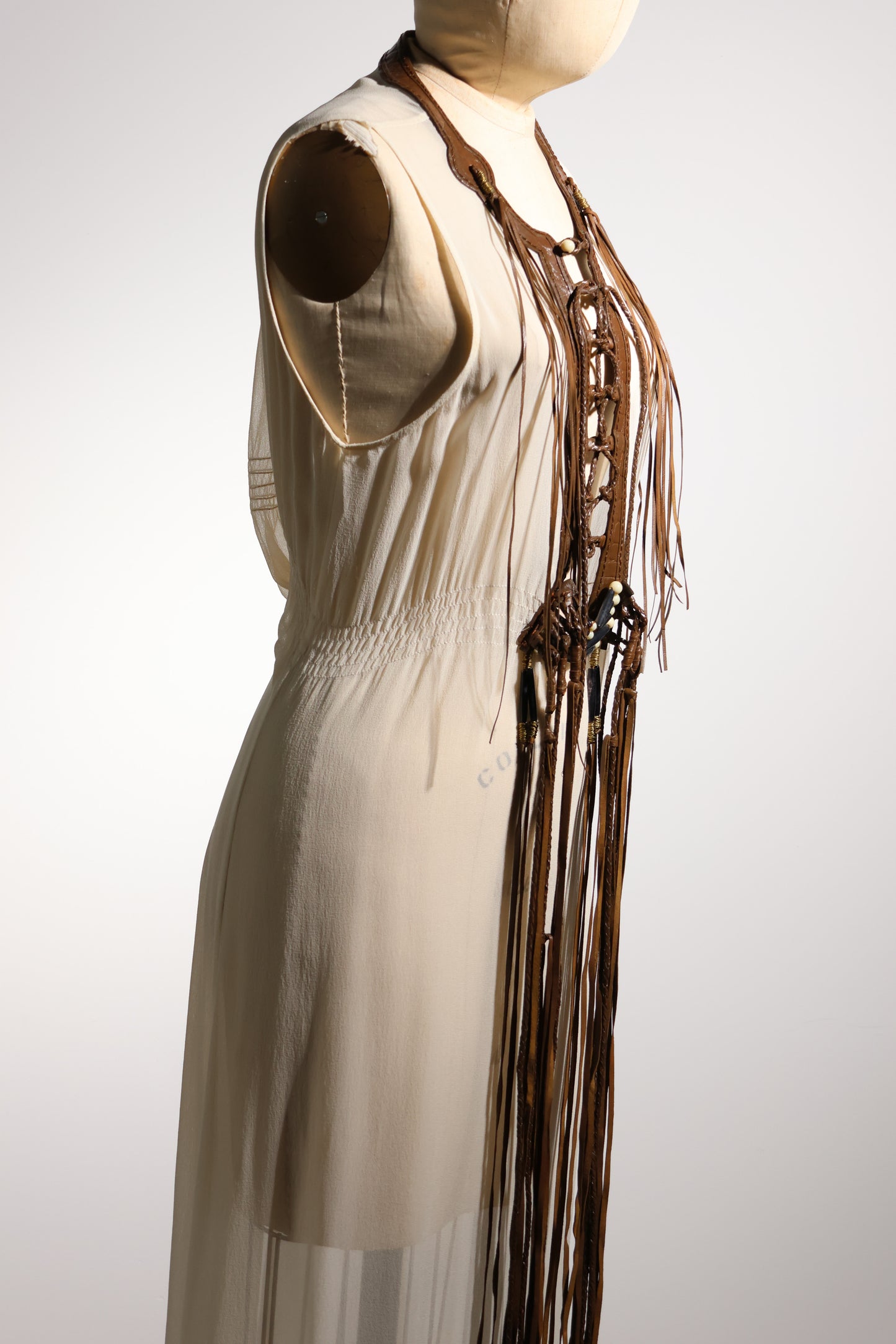 Les Habitudes Leather Trim Dress In Chiffon - Ivy/Brown