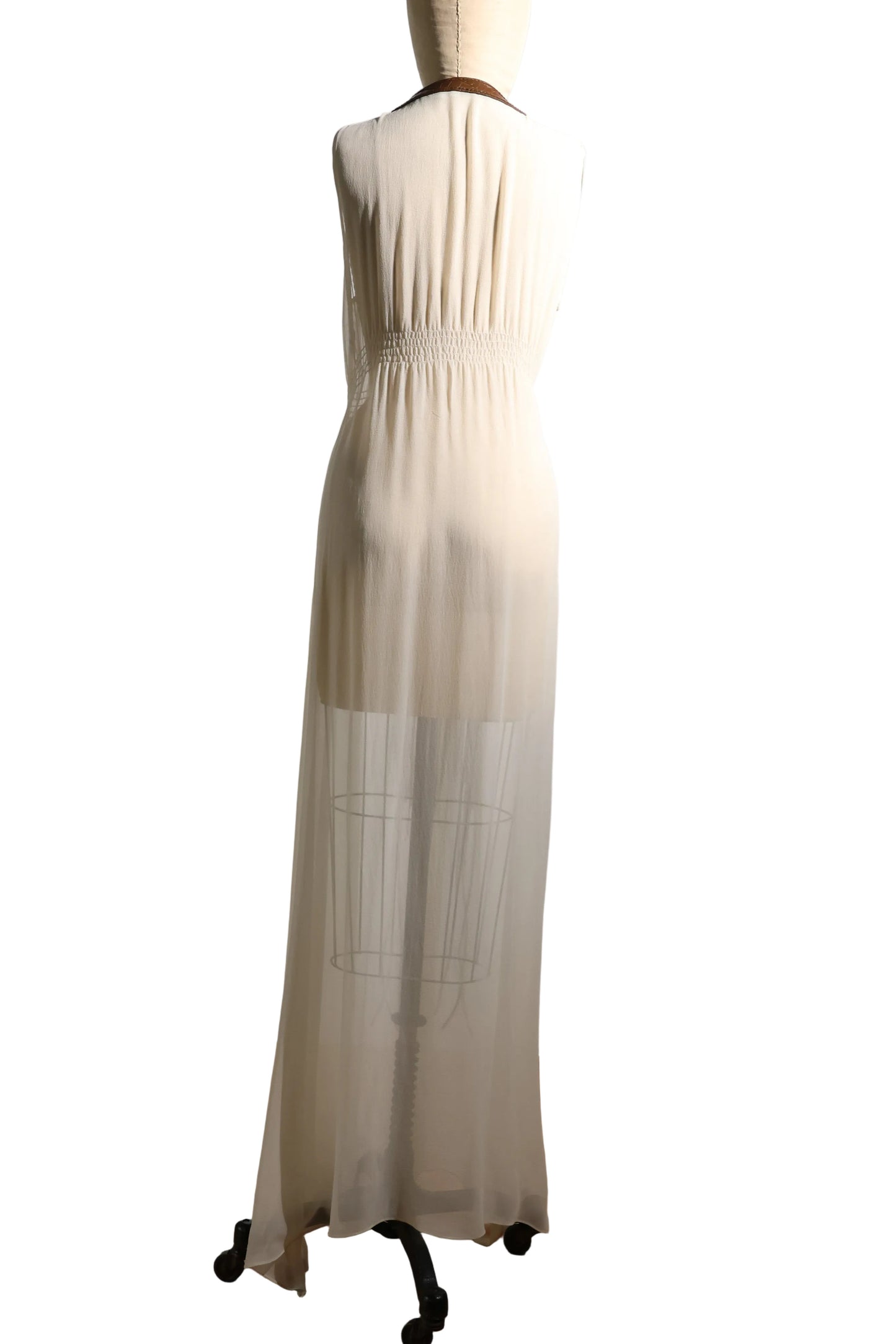 Les Habitudes Leather Trim Dress In Chiffon - Ivy/Brown