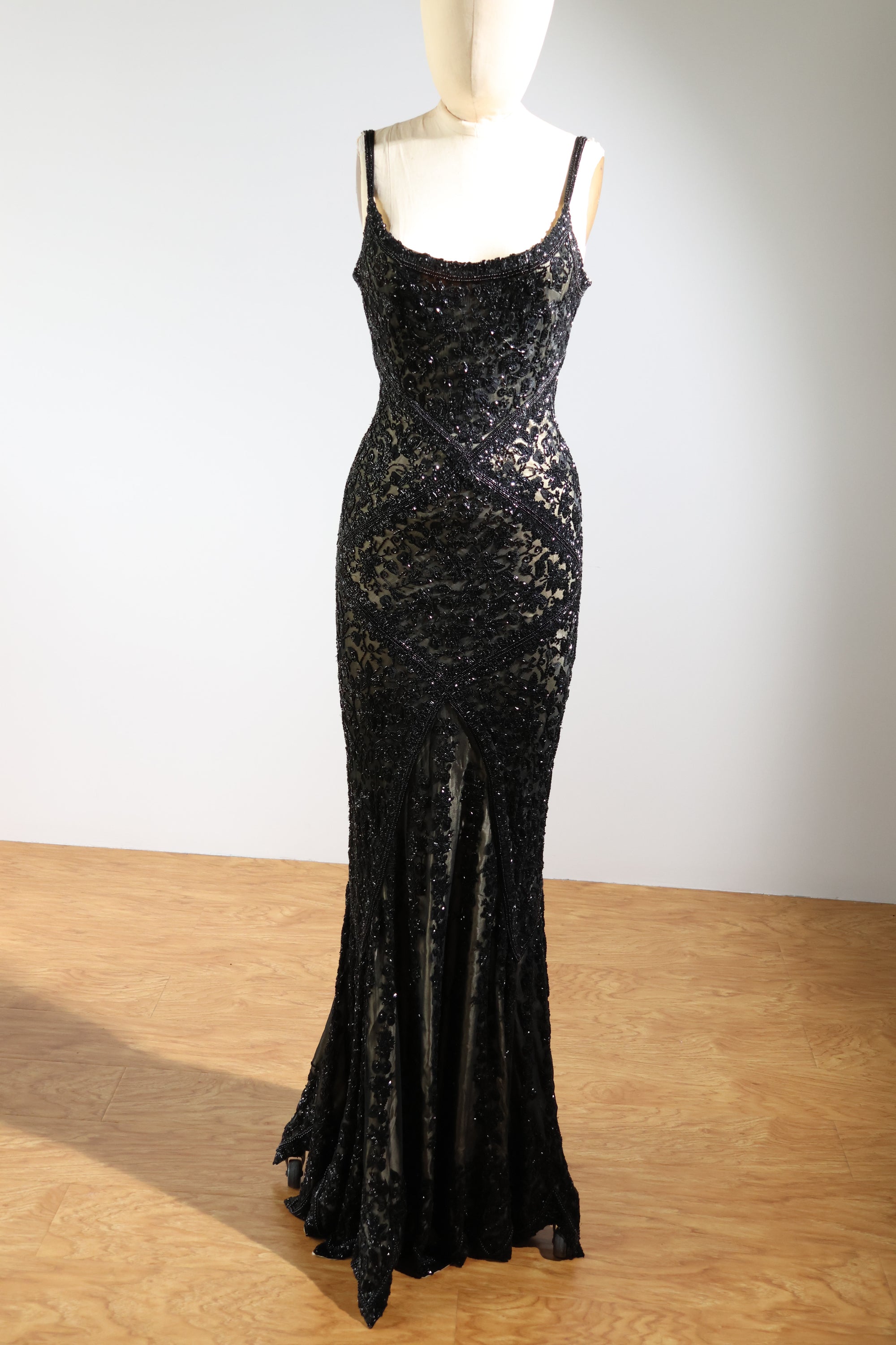 LES HABITUDES Striped Beaded Long Dress 99 — Black / Light Gold