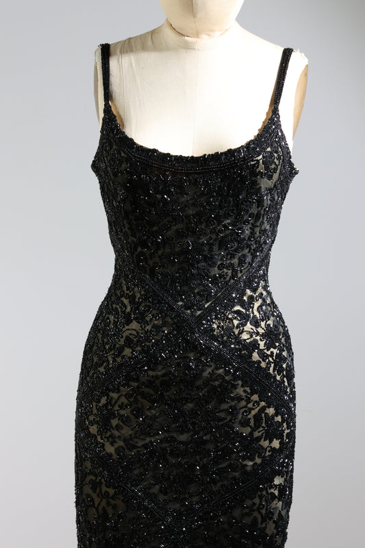 Eavis & Brown Striped Beaded Long Dress 99 - Black / Light Gold
