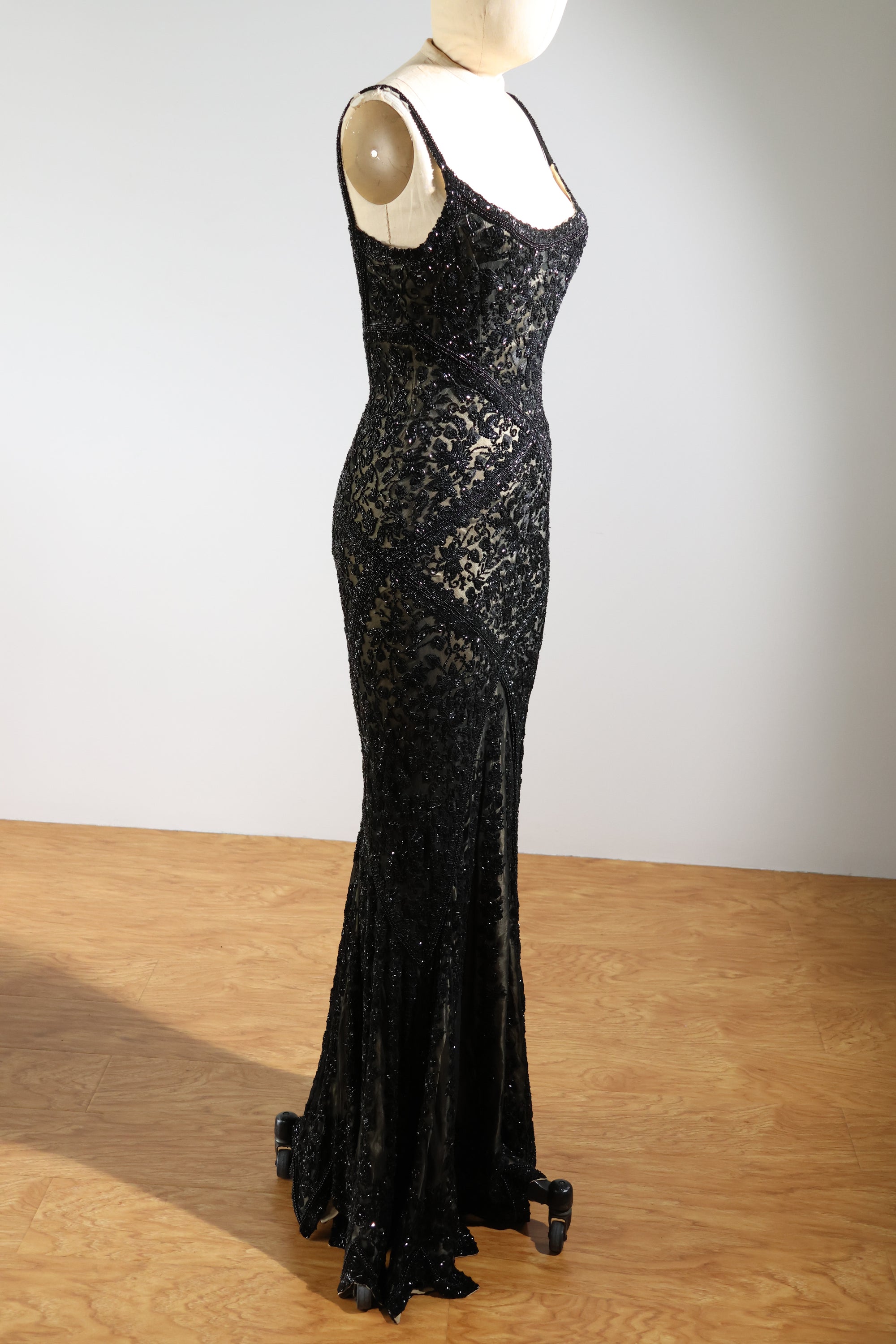 LES HABITUDES Striped Beaded Long Dress 99 — Black / Light Gold