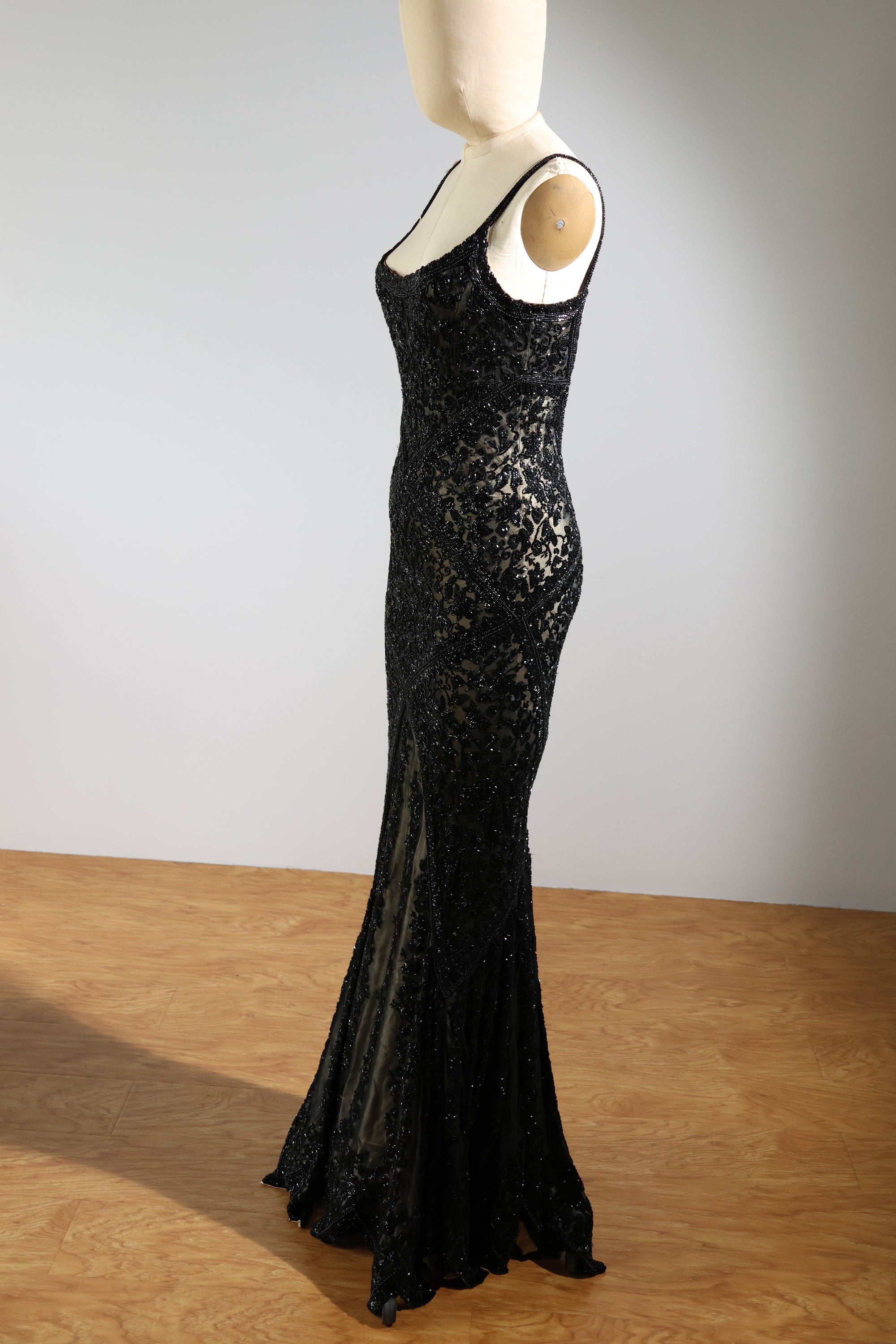 LES HABITUDES Striped Beaded Long Dress 99 — Black / Light Gold