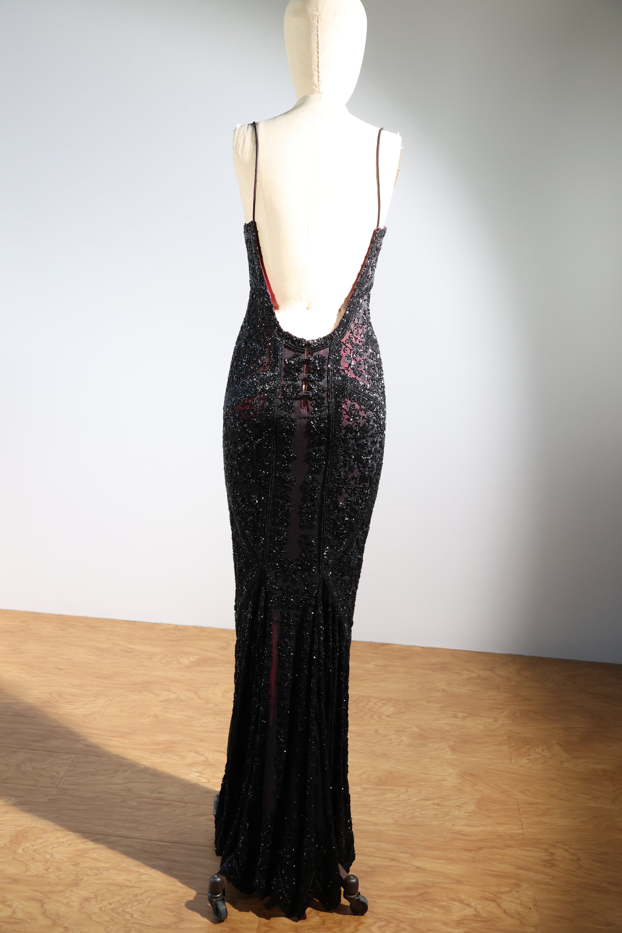 LES HABITUDES Striped Beaded Long Dress 99 — Black / Burgundy