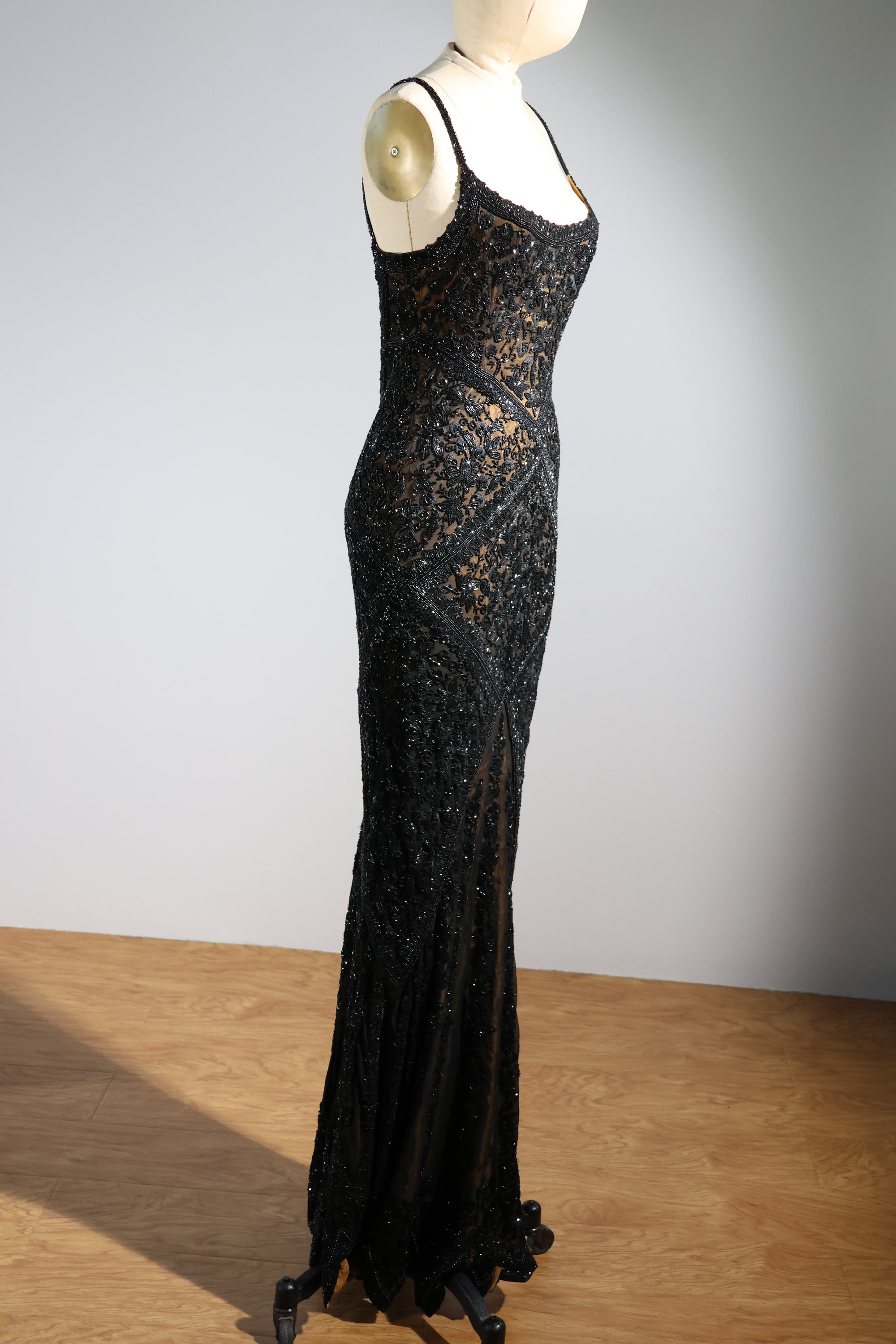 LES HABITUDES Striped Beaded Long Dress 99 — Black / Gold