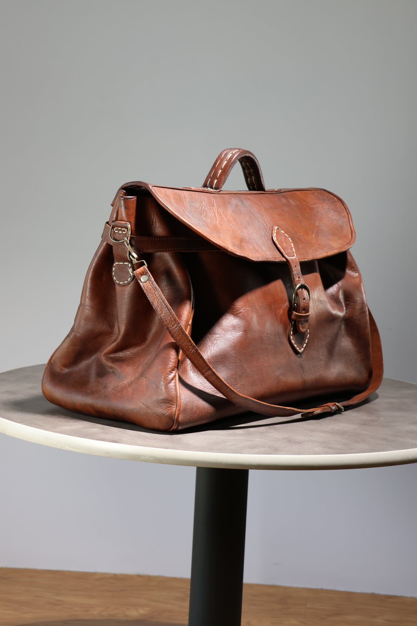 Large Hand Sewn Camel Leather Travel Bag