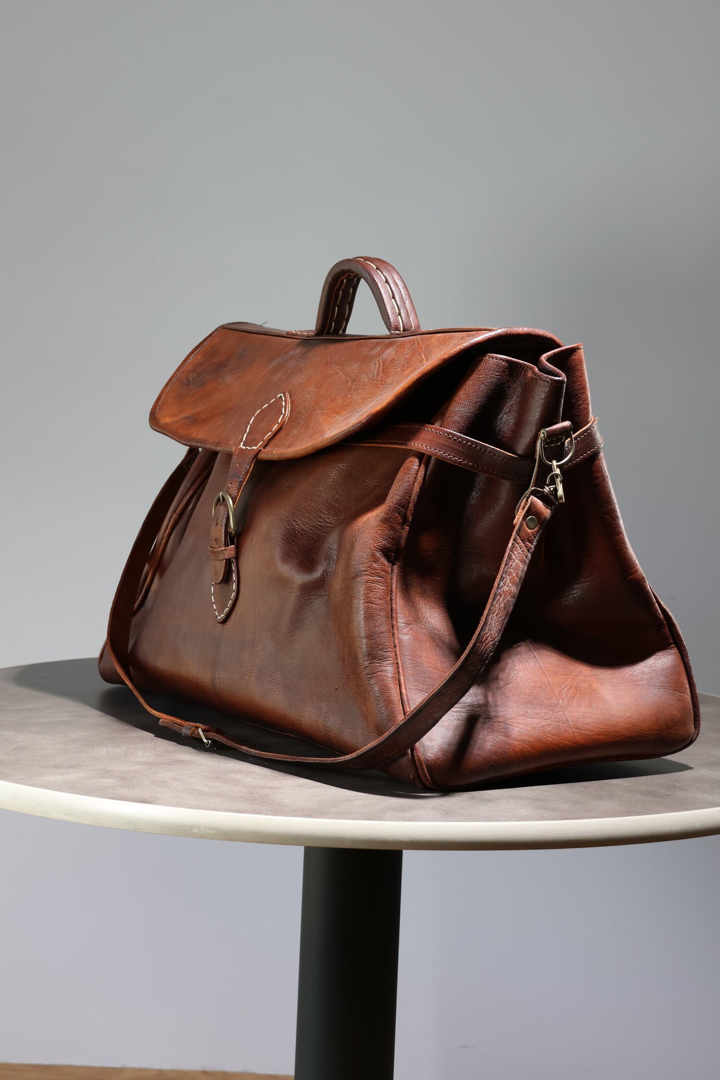 Large Hand Sewn Camel Leather Travel Bag