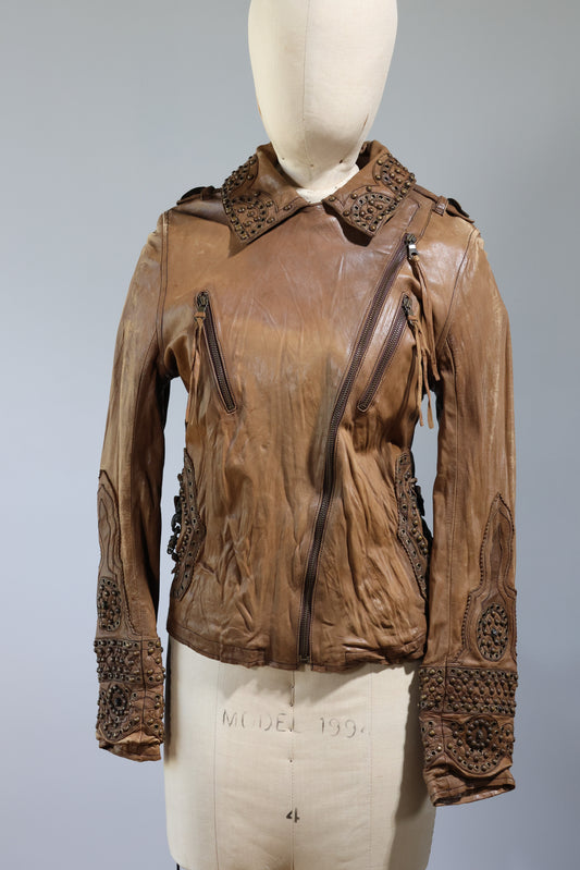 Share Spirit Goat Leather Jacket With Studs - JK2 Distressed Natural