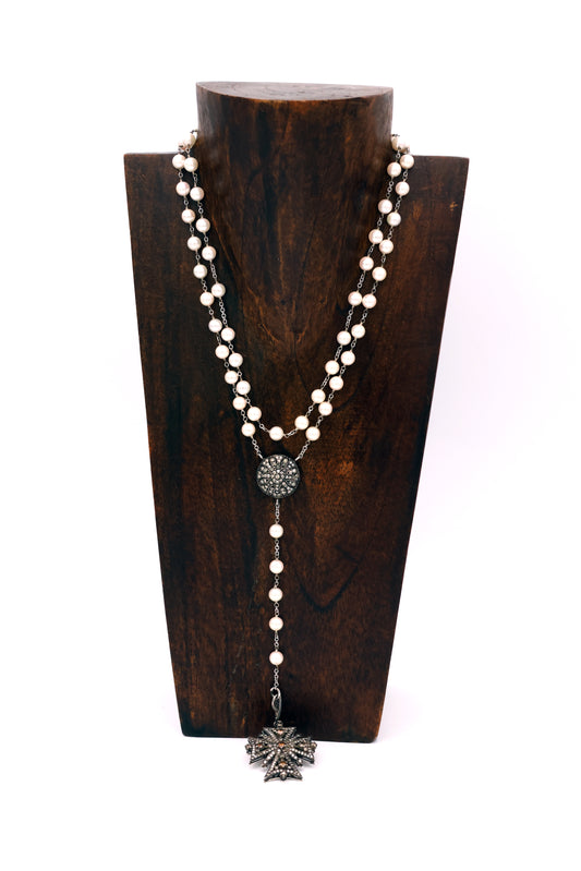 Maltese Diamond Cross & Pearl Necklace