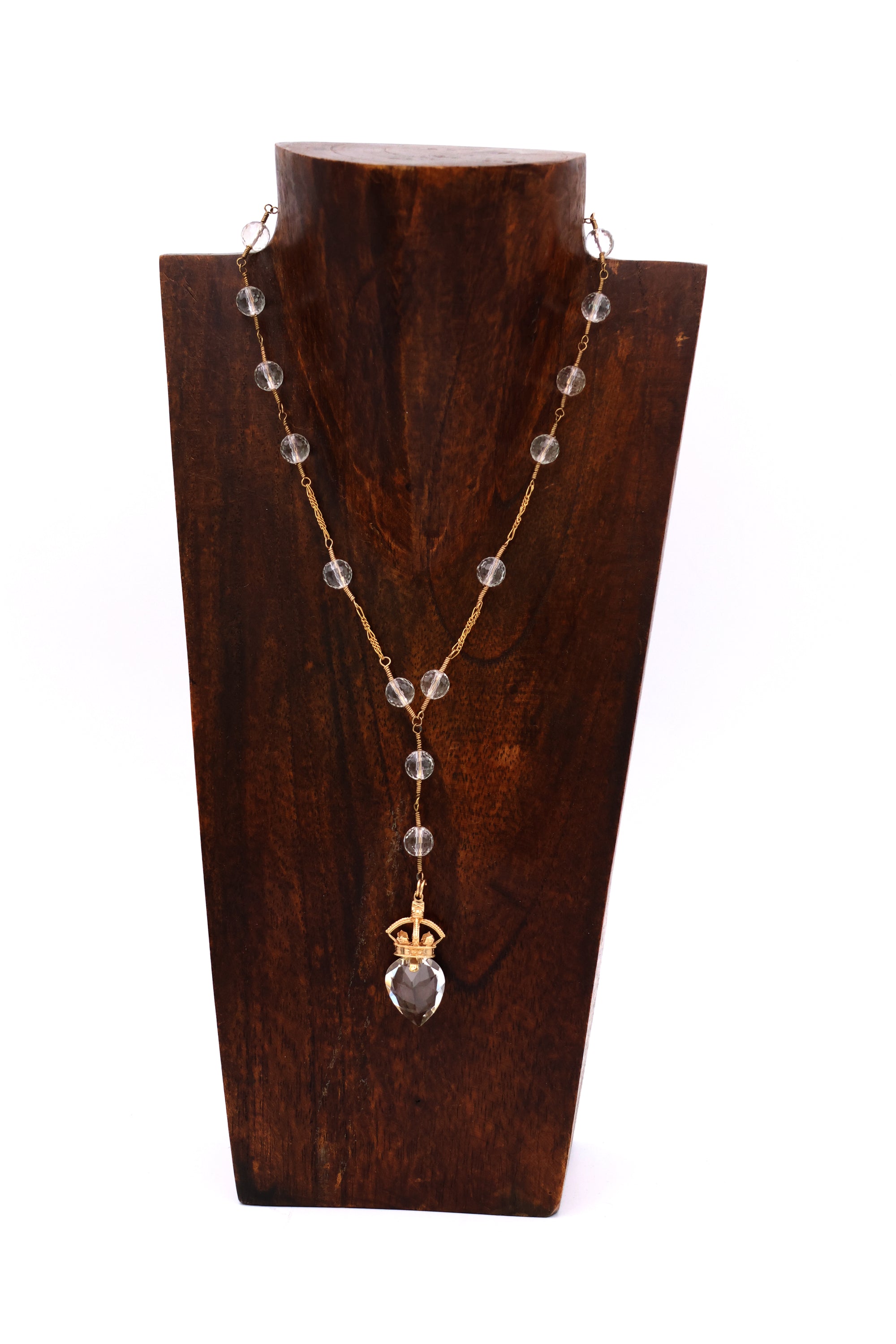 18K Gold Rose Quartz Heart &amp; Crown Necklace