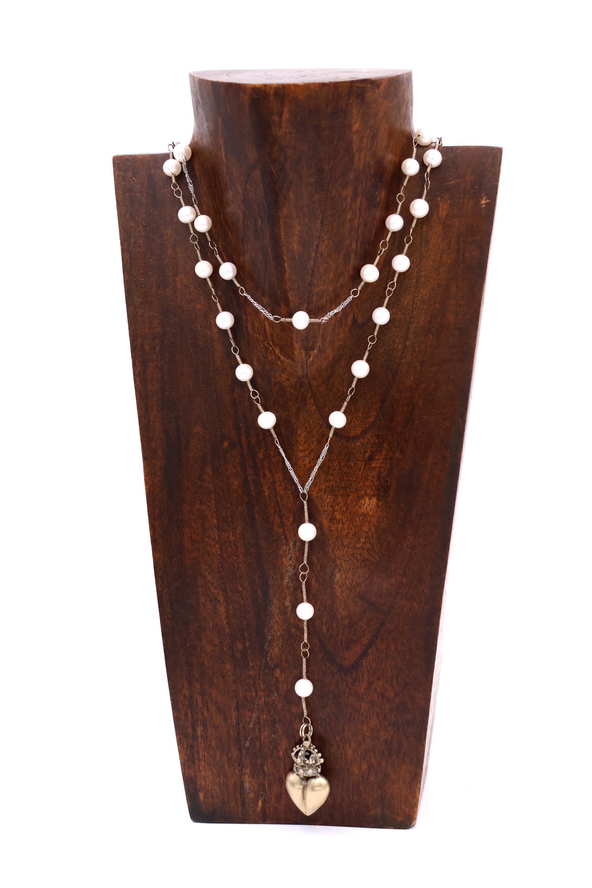 Solid White Gold Crowned Heart &amp; South Sea Pearl Necklace
