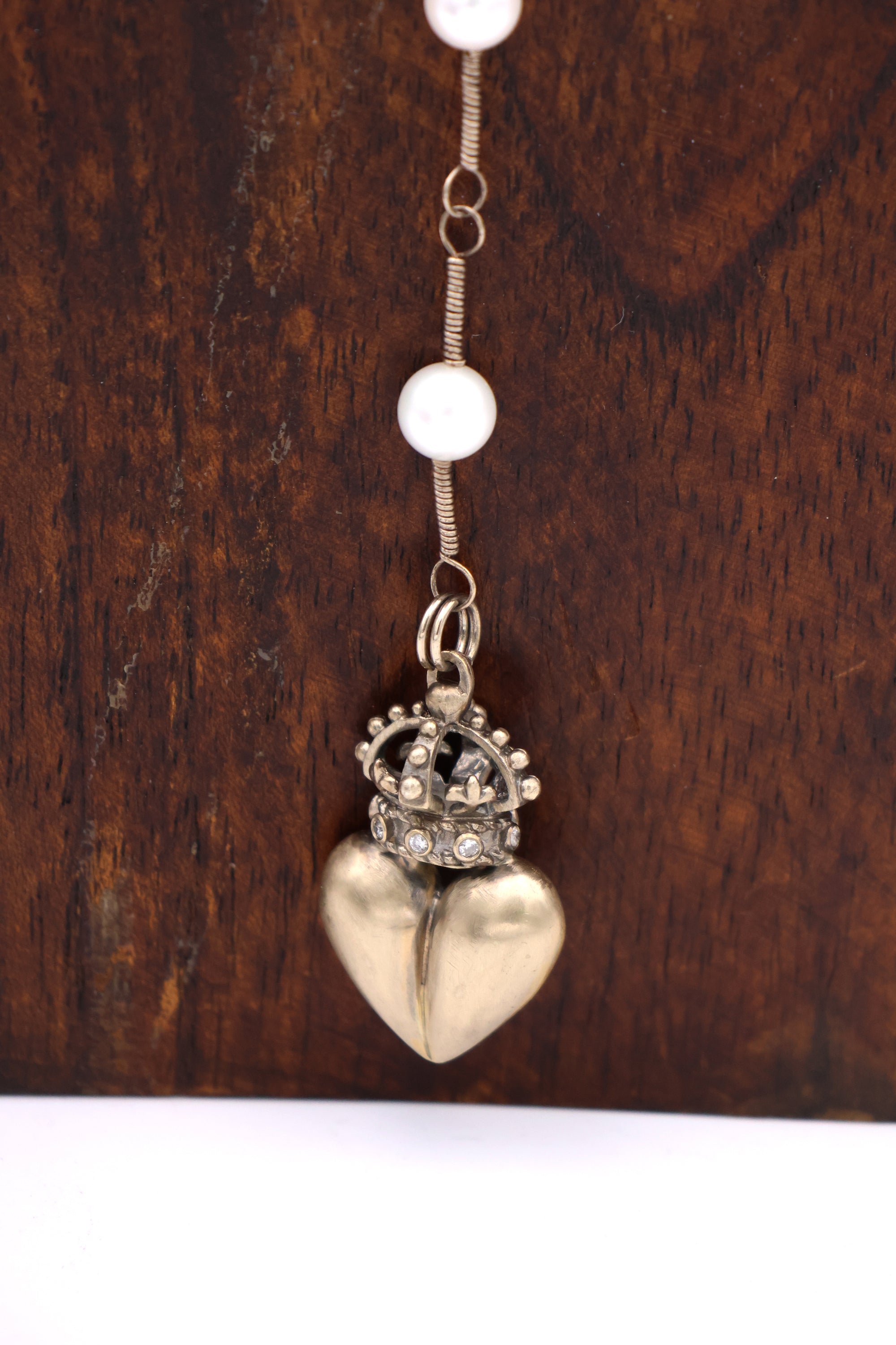 Solid White Gold Crowned Heart &amp; South Sea Pearl Necklace