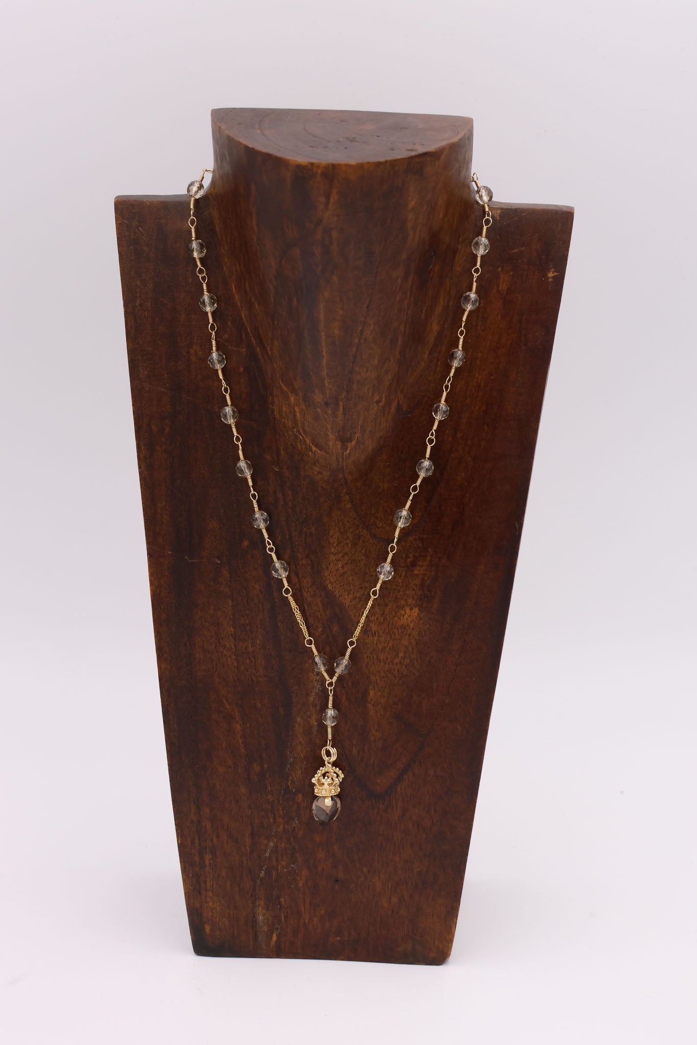18K Gold Smoky Topaz Heart &amp; Crown Necklace