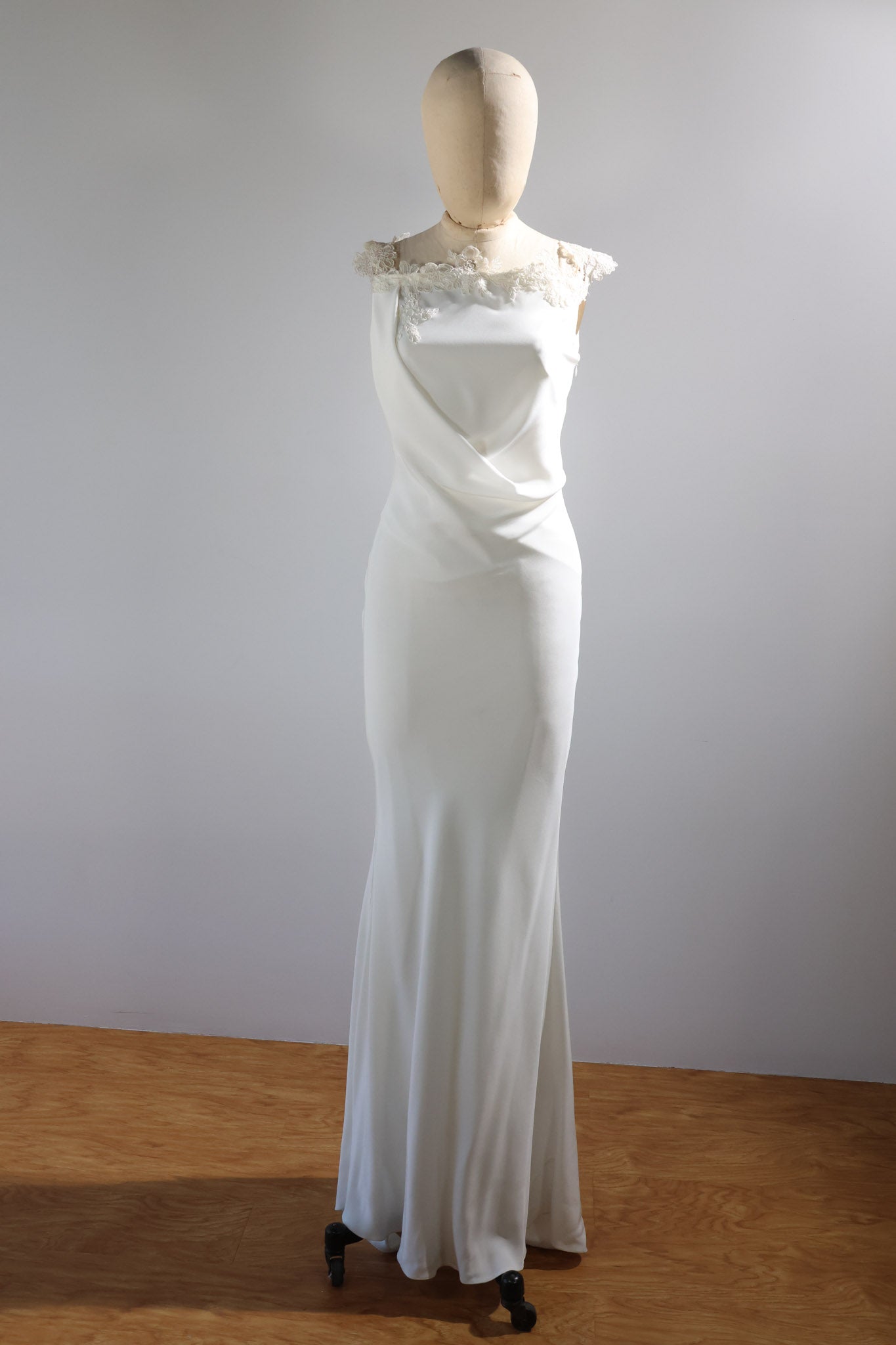 David Fielden Long Crepe Neck Lace Dress DR48 - Ivory