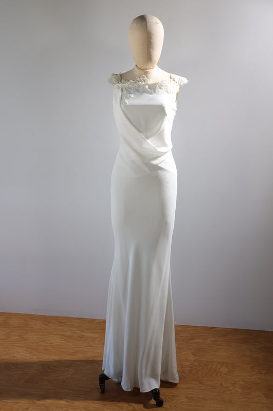 David Fielden Long Crepe Neck Lace Dress DR48 - Ivory