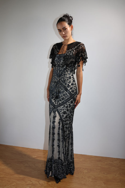 Eavis & Brown Striped Beaded Long Dress 99 — Black / Ivory