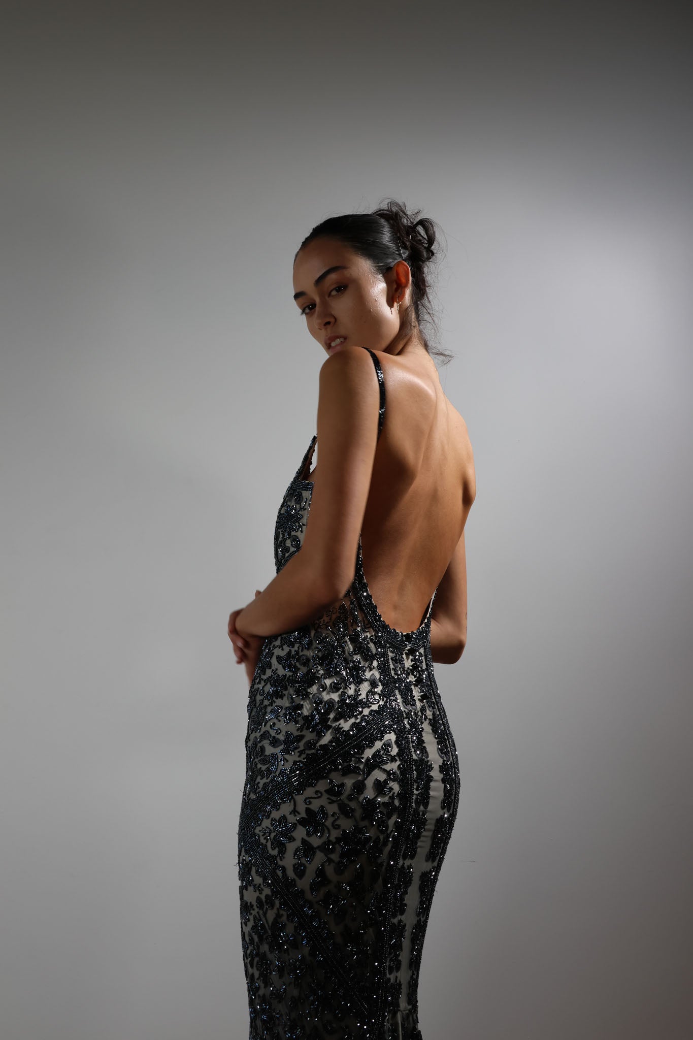 LES HABITUDES Striped Beaded Long Dress 99 — Black / Ivory
