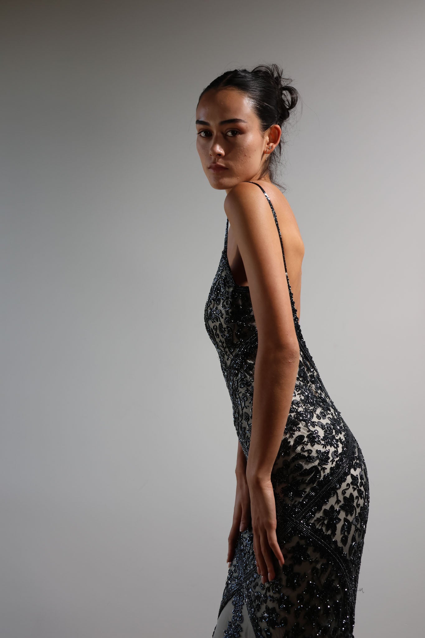 LES HABITUDES Striped Beaded Long Dress 99 — Black / Ivory