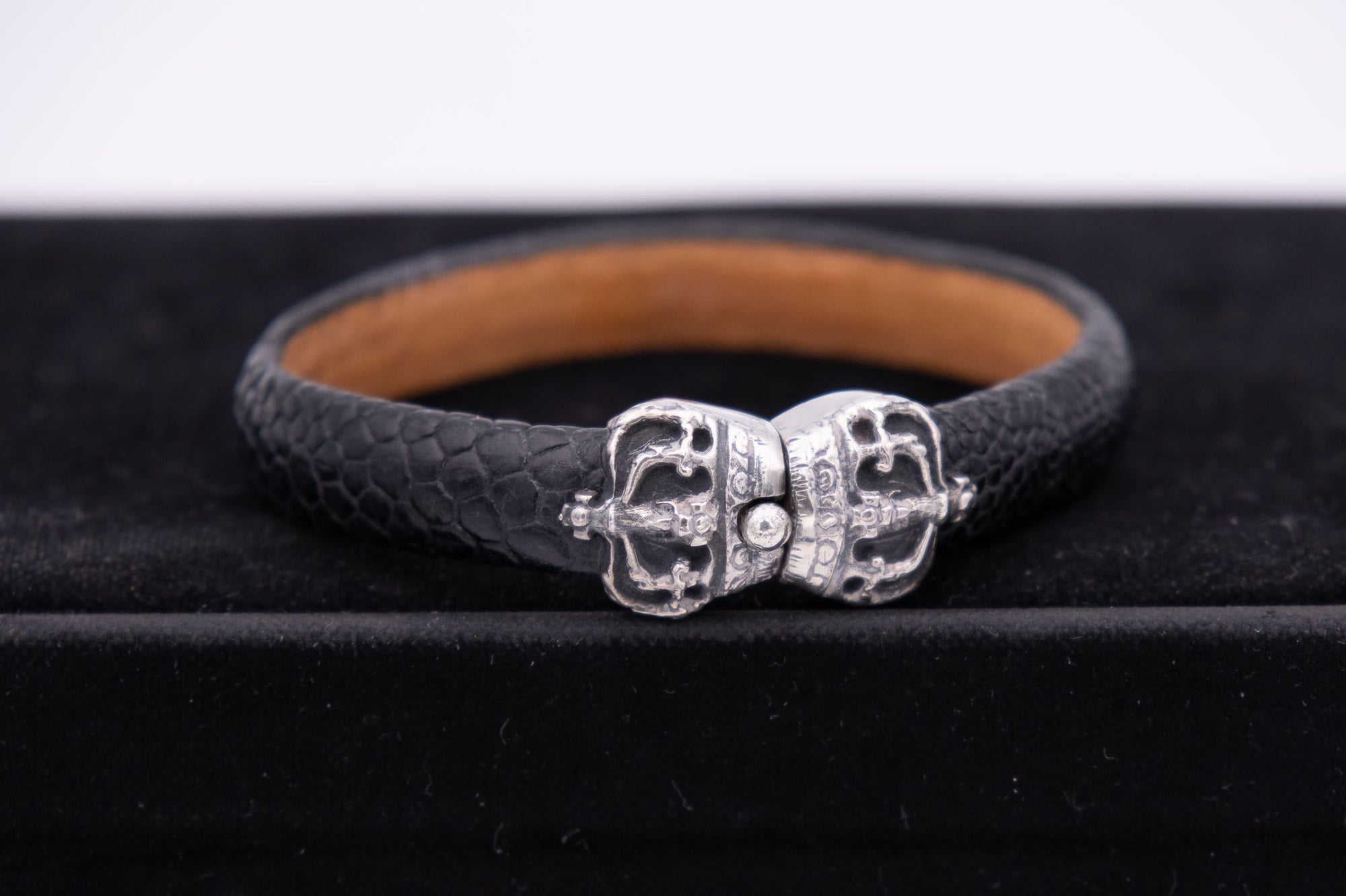 Black / Tan Leather &amp; Sterling Silver Crown Bracelet