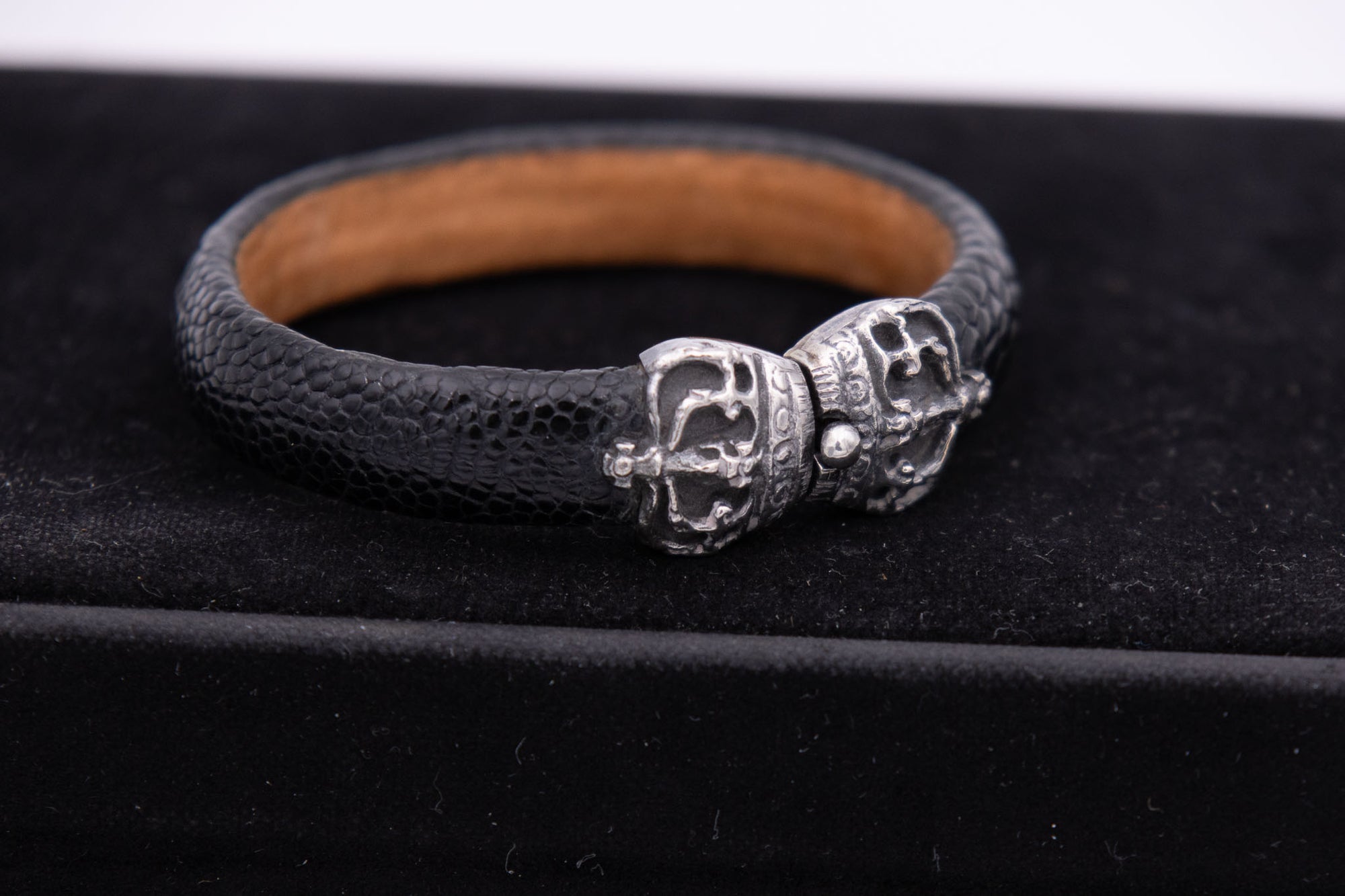 Black / Tan Leather &amp; Sterling Silver Crown Bracelet
