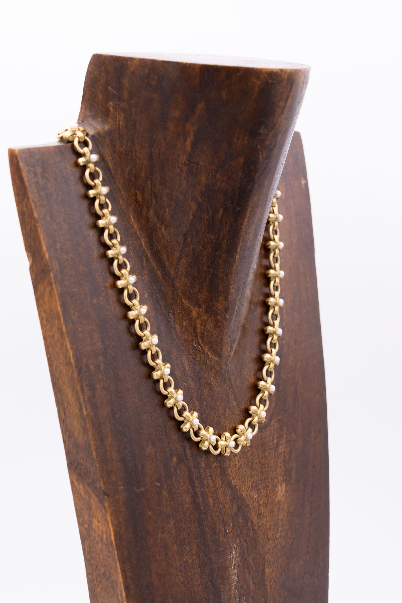 Vintage French 18K Gold Cross Link Pearl Necklace