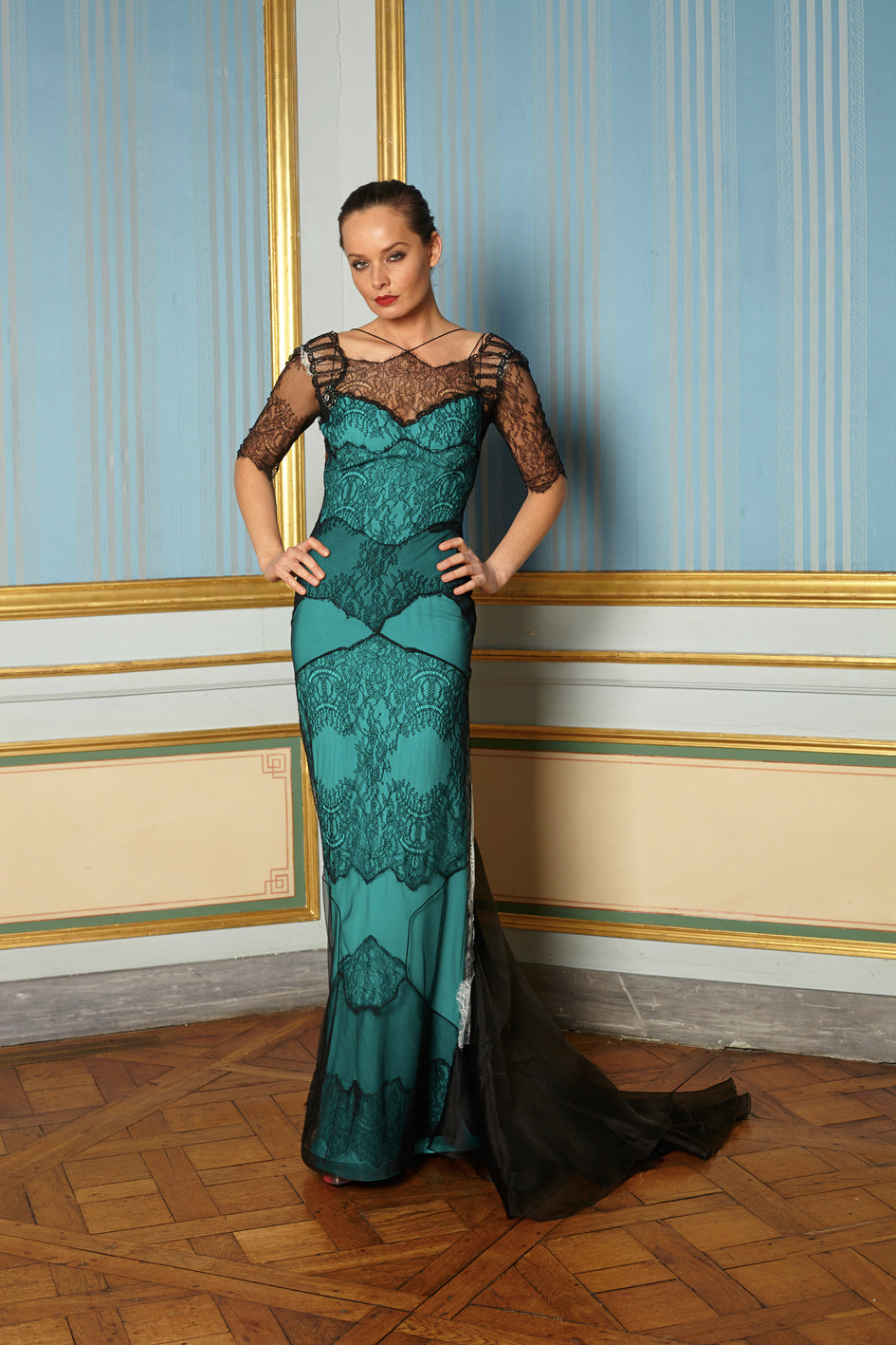Foddis Lahore Silk / Lace Long Dress - Green/Black