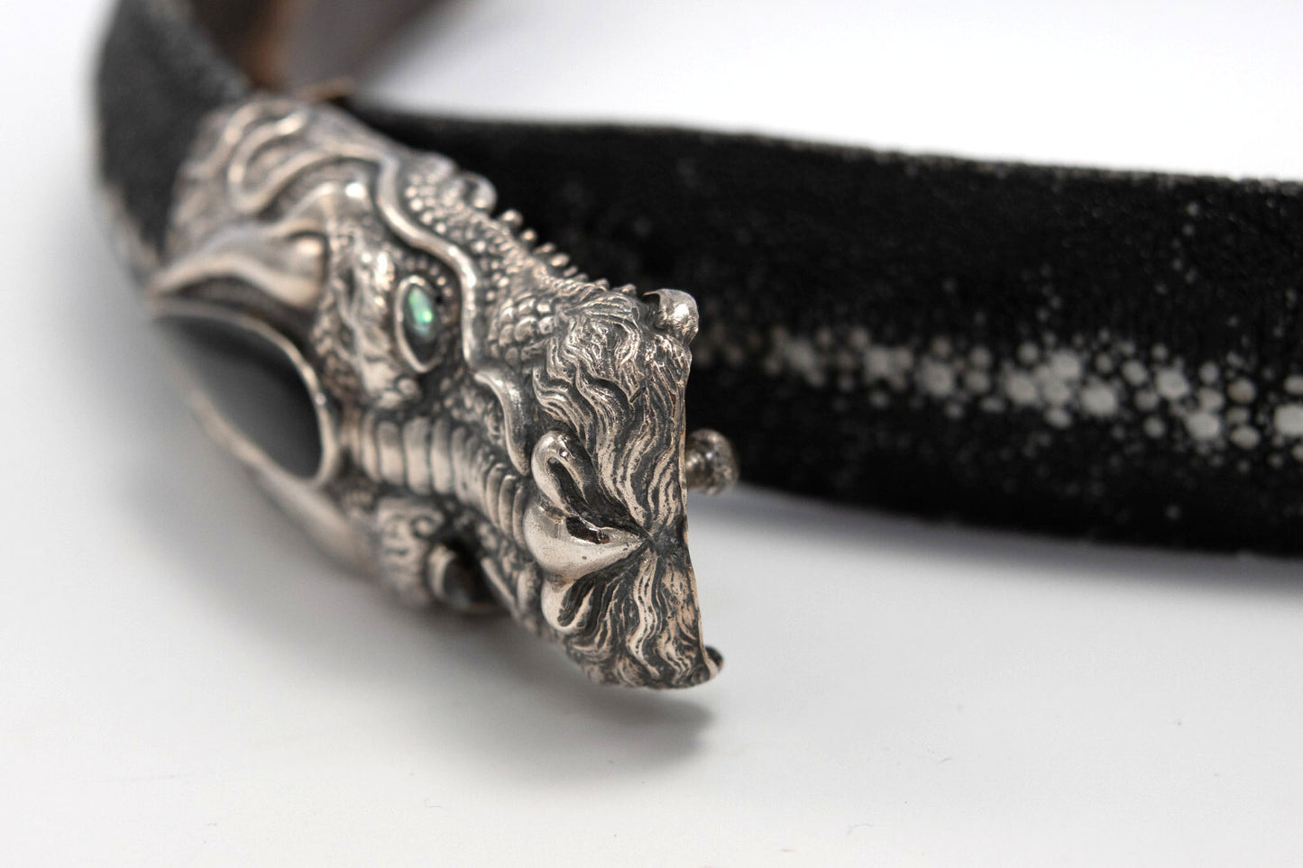 Rare Sterling Silver & Stone Eel Skin Belt – Black