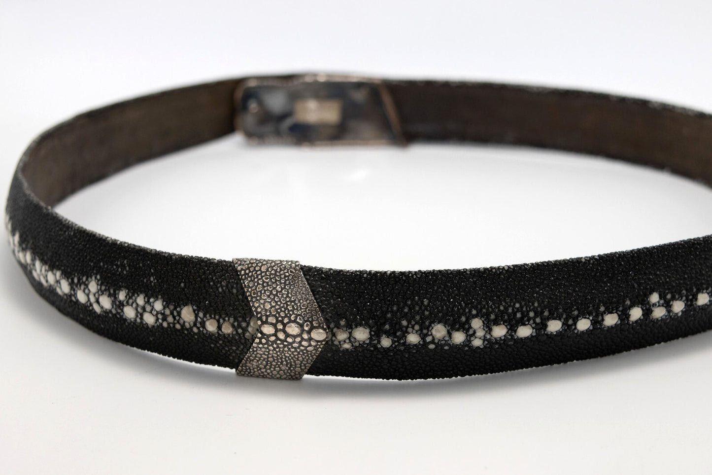 Rare Sterling Silver & Stone Eel Skin Belt – Black