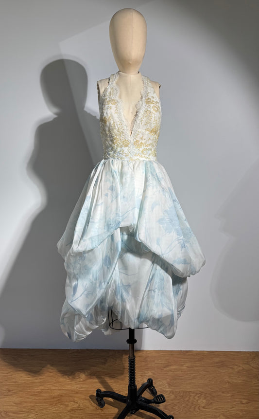 Yolan Kris Bustle Dress Halter - Ivory Blue