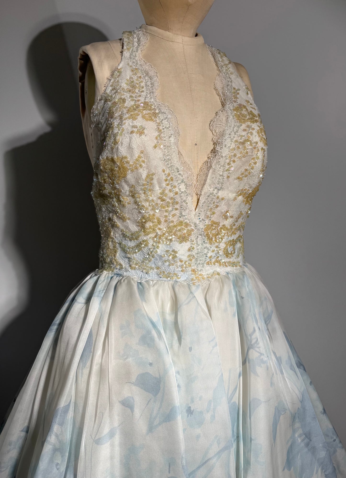 Yolan Kris Bustle Dress Halter - Ivory Blue