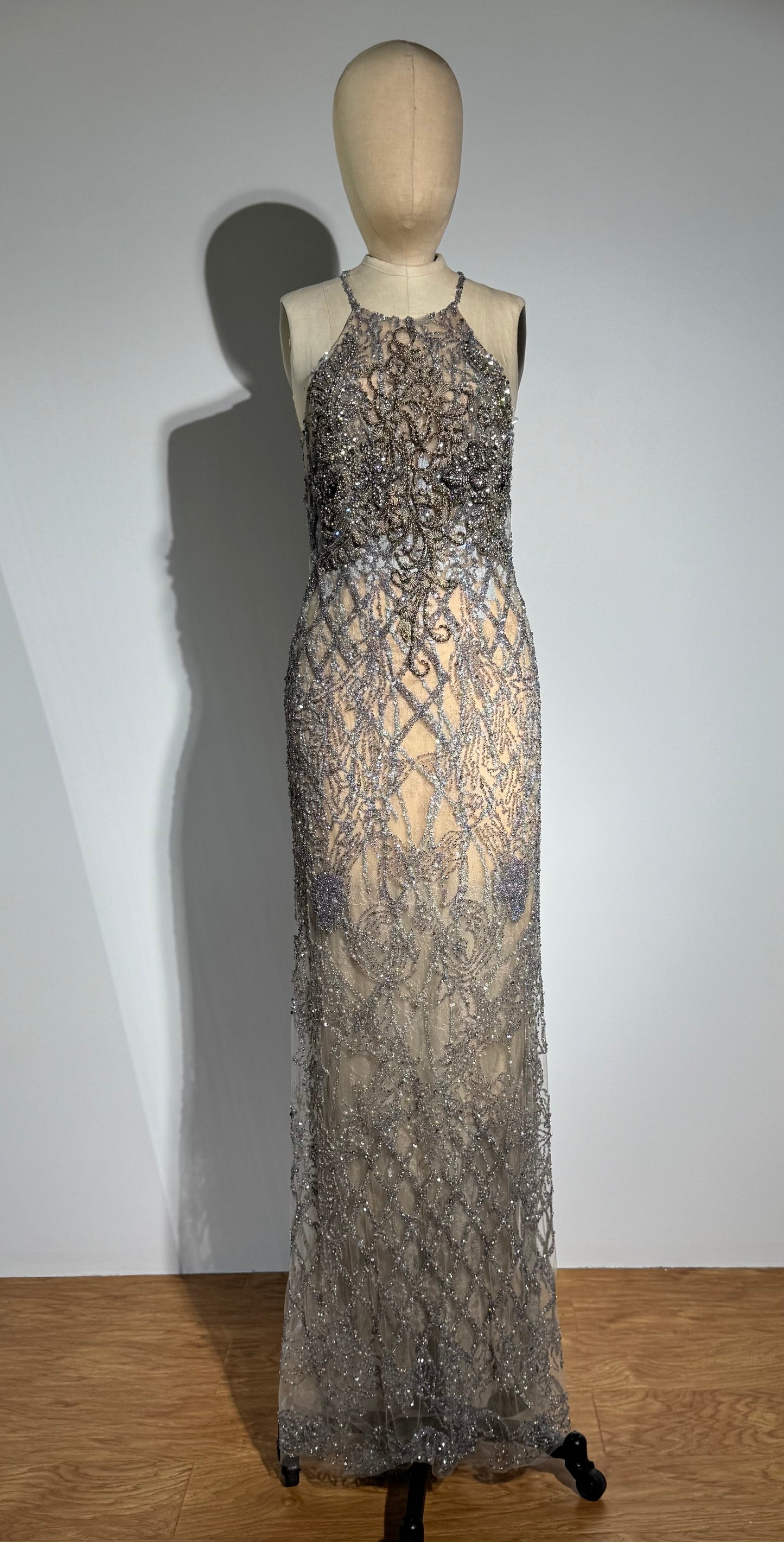 Yolan Kris Beaded Halter Gown - Nude / Blue