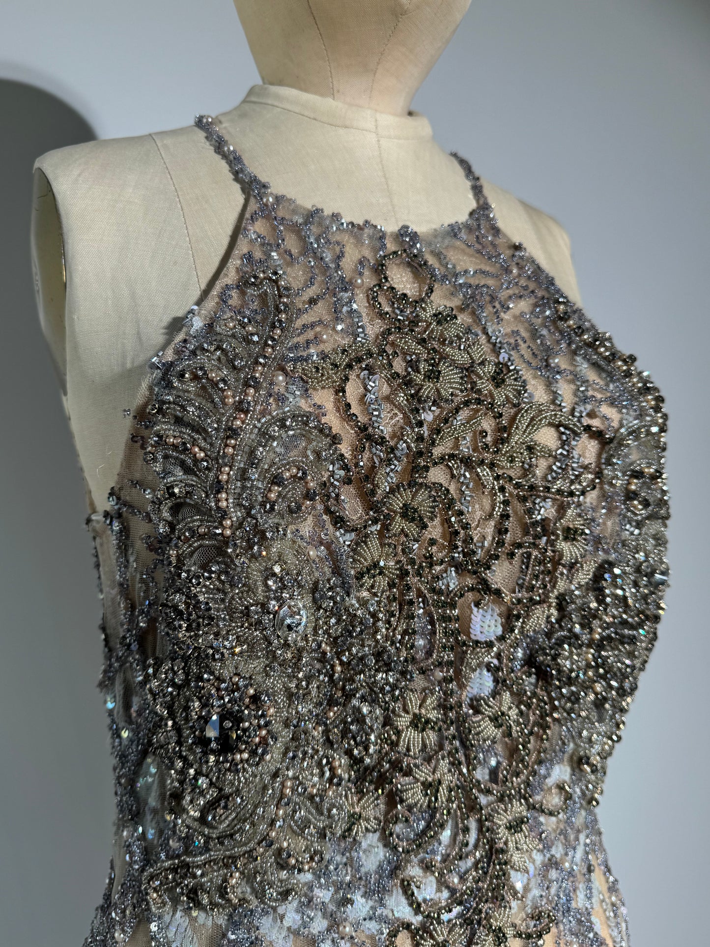 Yolan Kris Beaded Halter Gown - Nude / Blue