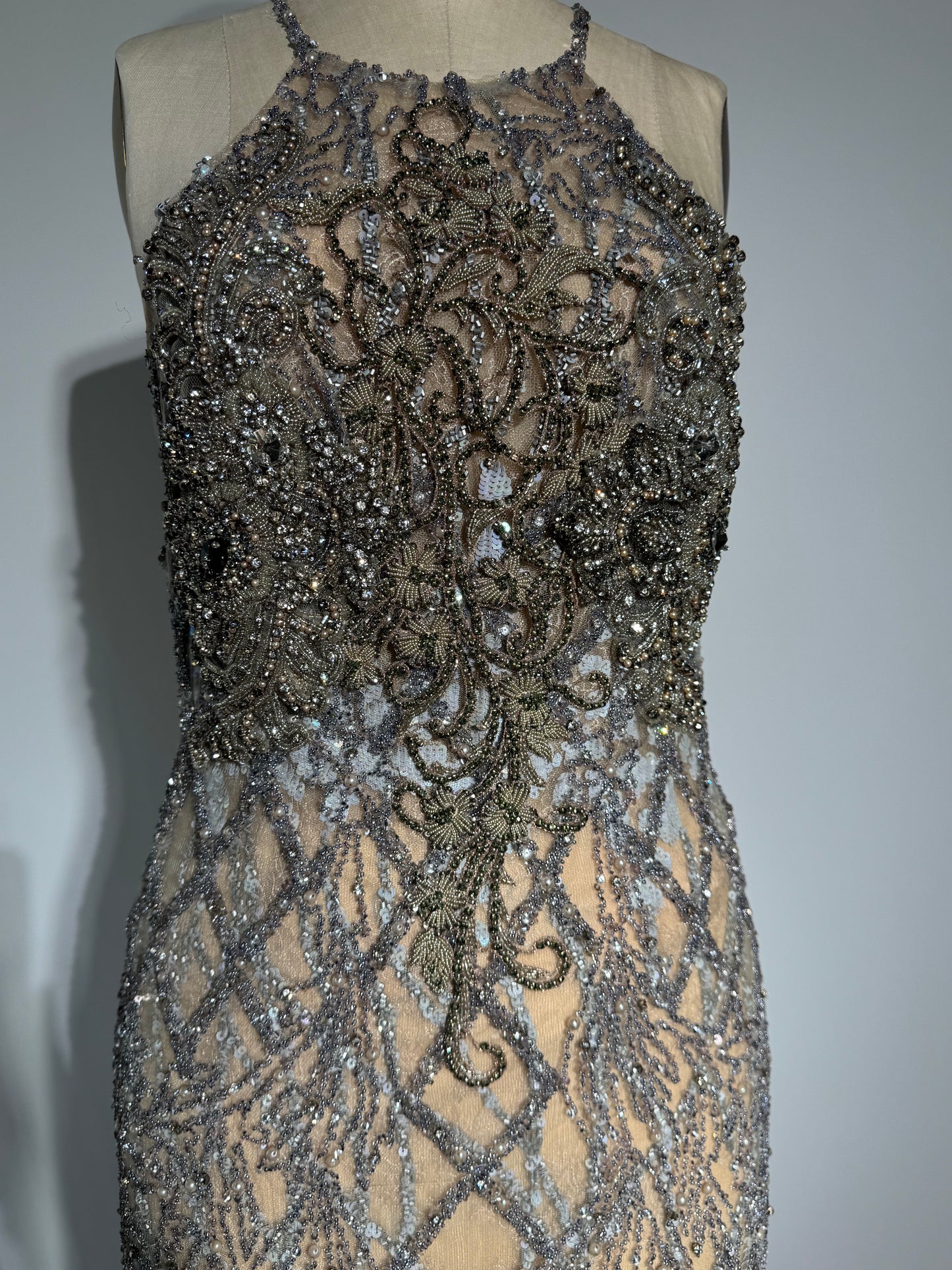 Yolan Kris Beaded Halter Gown - Nude / Blue