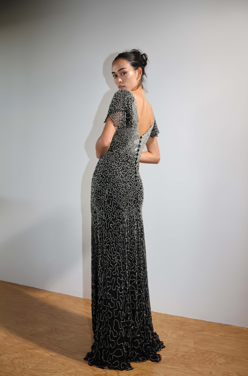 LES HABITUDES Kate Squiggle Dress with Sleeves — Black / Silver