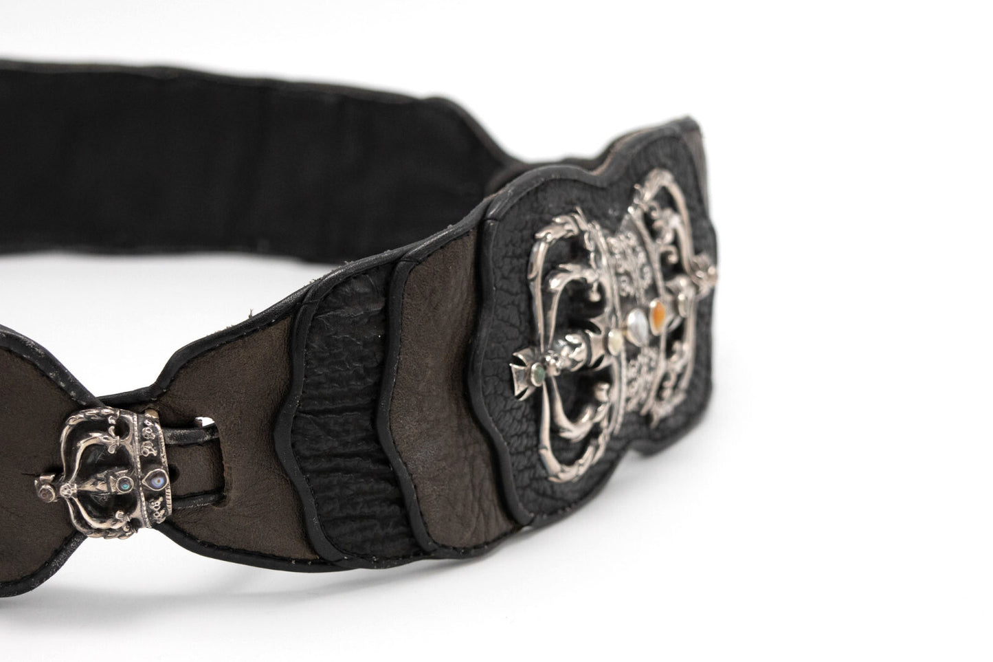 Rare Vintage Ostrich Leather Belt with Sterling Silver & Inlaid Stones - Black
