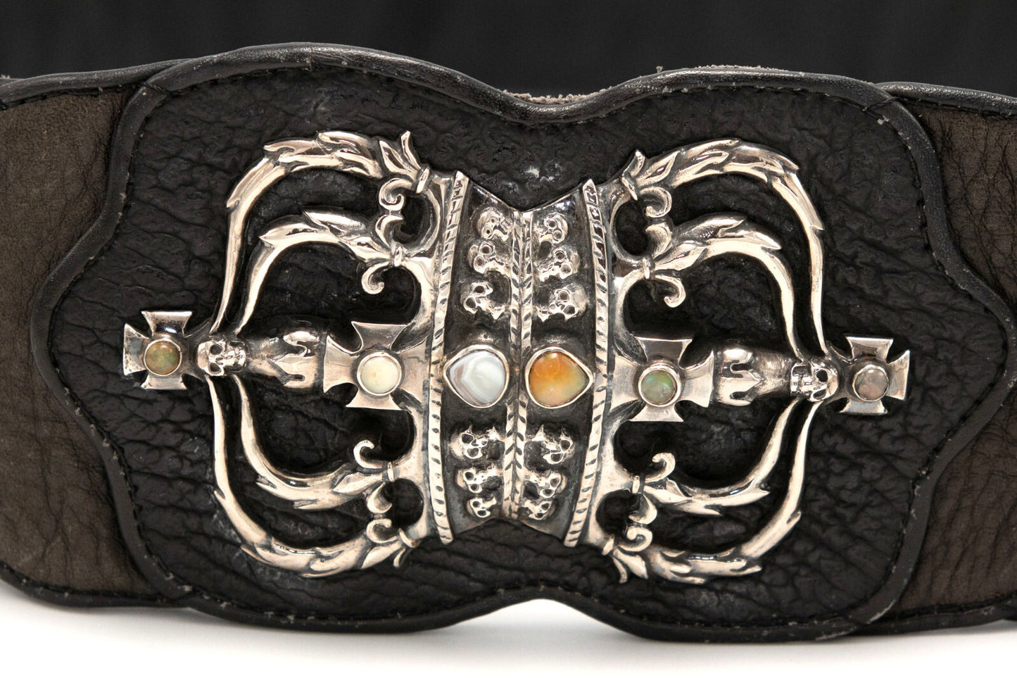 Rare Vintage Ostrich Leather Belt with Sterling Silver & Inlaid Stones - Black