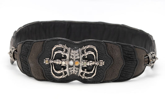 Rare Vintage Ostrich Leather Belt with Sterling Silver & Inlaid Stones - Black