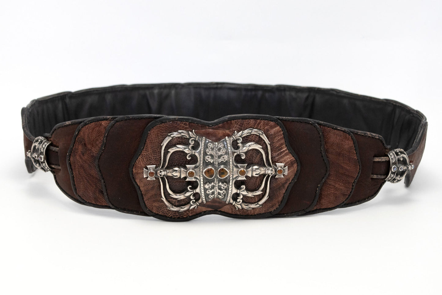 Rare Vintage Ostrich Leather Belt with Sterling Silver & Inlaid Stones - Brown