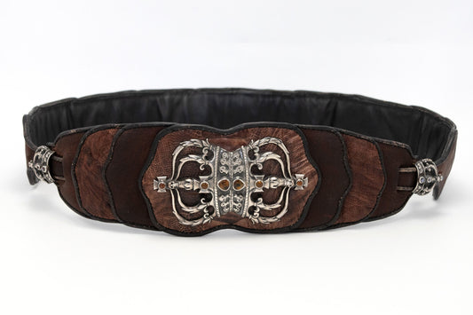 Rare Vintage Ostrich Leather Belt with Sterling Silver & Inlaid Stones - Brown